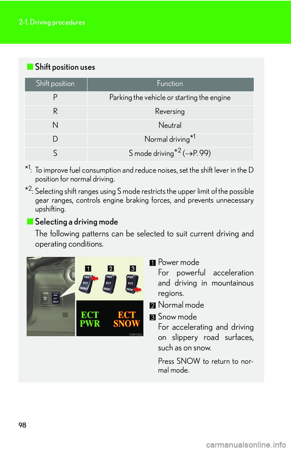 Lexus IS250 2006 Opening, closing and locking the doors and trunk / LEXUS 2006 IS350/250 FROM MAY 2006 PROD. OWNERS MANUAL (OM53619U) 98
2-1. Driving procedures
■Shift position uses
*1: To improve fuel consumption and reduce noises, set the shift lever in the D
position for normal driving.
*2: Selecting shift ranges using S mode r Lexus IS250 2006 Opening, closing and locking the doors and trunk / LEXUS 2006 IS350/250 FROM MAY 2006 PROD. OWNERS MANUAL (OM53619U) 98
2-1. Driving procedures
■Shift position uses
*1: To improve fuel consumption and reduce noises, set the shift lever in the D
position for normal driving.
*2: Selecting shift ranges using S mode r