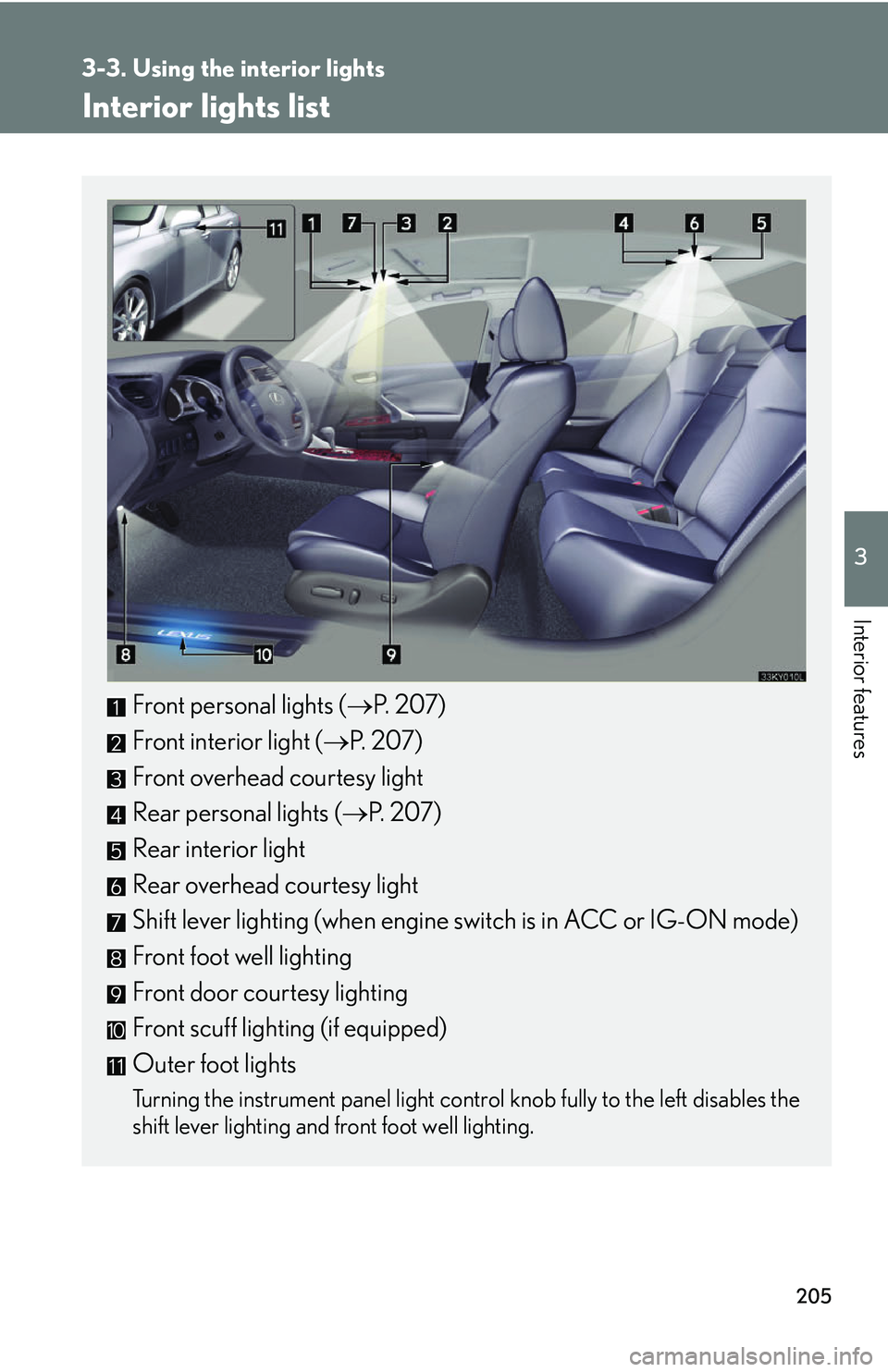 Lexus IS250 2006  Opening, closing and locking the doors and trunk / LEXUS 2006 IS350/250 FROM MAY 2006 PROD. OWNERS MANUAL (OM53619U) 205
3
Interior features
3-3. Using the interior lights
Interior lights list
Front personal lights (P. 207)
Front interior light ( P.  2 0 7 )
Front overhead courtesy light
Rear personal lights (