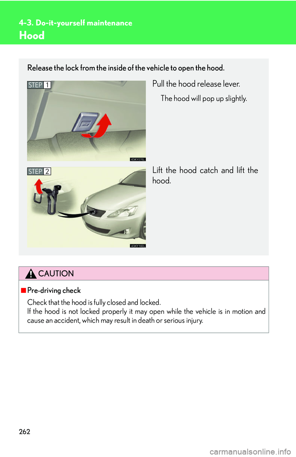 Lexus IS250 2006  Opening, closing and locking the doors and trunk / LEXUS 2006 IS350/250 FROM MAY 2006 PROD. OWNERS MANUAL (OM53619U) 262
4-3. Do-it-yourself maintenance
Hood
CAUTION
■Pre-driving check
Check that the hood is fully closed and locked. 
If the hood is not locked properly it may open while the vehicle is in motion and