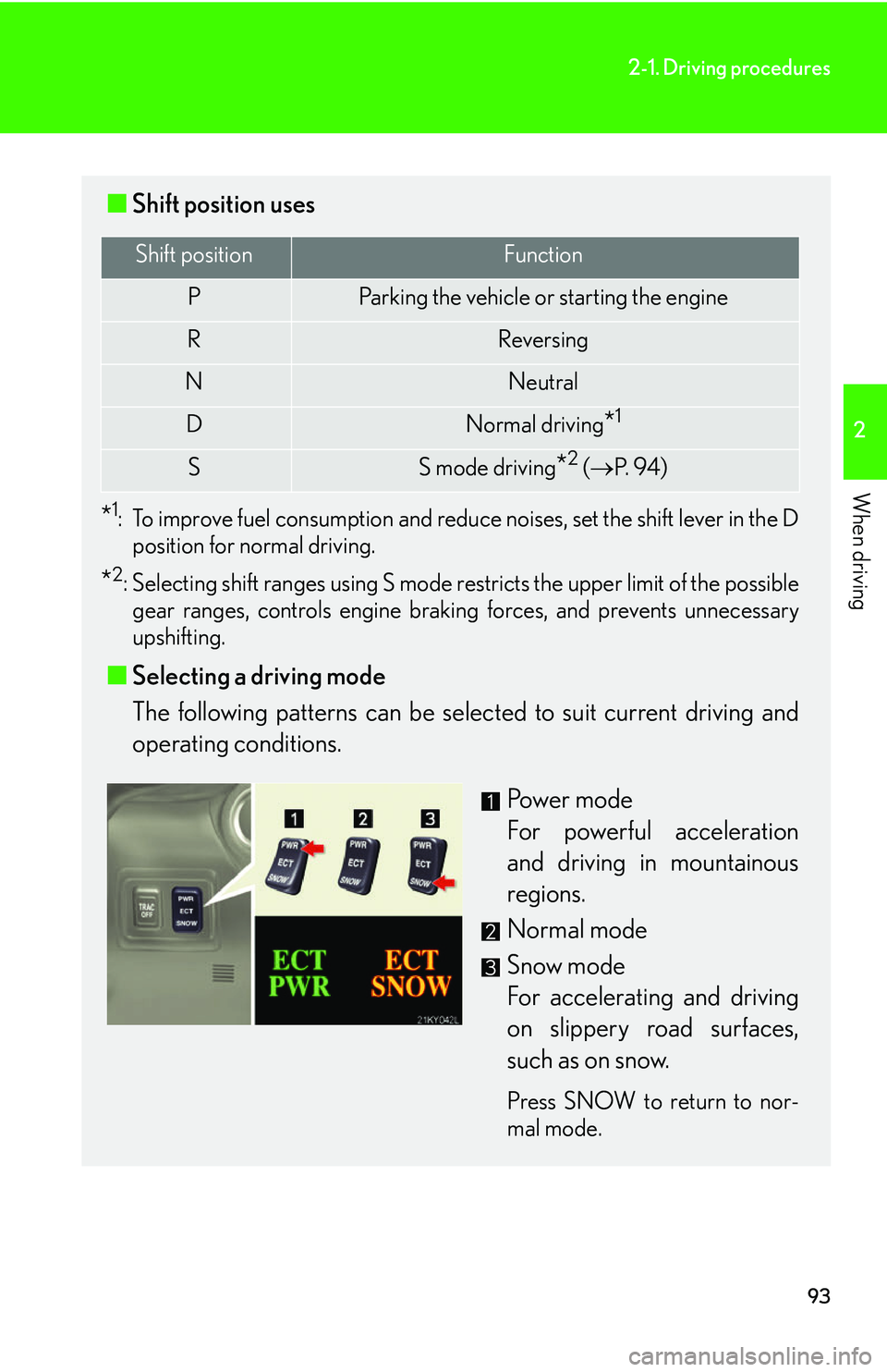 Lexus IS250 2006 Lexus Parking Assist-sensor / LEXUS 2006 IS350/250 THROUGH APRIL 2006 PROD. (OM53508U) Owners Guide 93
2-1. Driving procedures
2
When driving
■Shift position uses
*1: To improve fuel consumption and reduce noises, set the shift lever in the D
position for normal driving.
*2: Selecting shift ranges Lexus IS250 2006 Lexus Parking Assist-sensor / LEXUS 2006 IS350/250 THROUGH APRIL 2006 PROD. (OM53508U) Owners Guide 93
2-1. Driving procedures
2
When driving
■Shift position uses
*1: To improve fuel consumption and reduce noises, set the shift lever in the D
position for normal driving.
*2: Selecting shift ranges