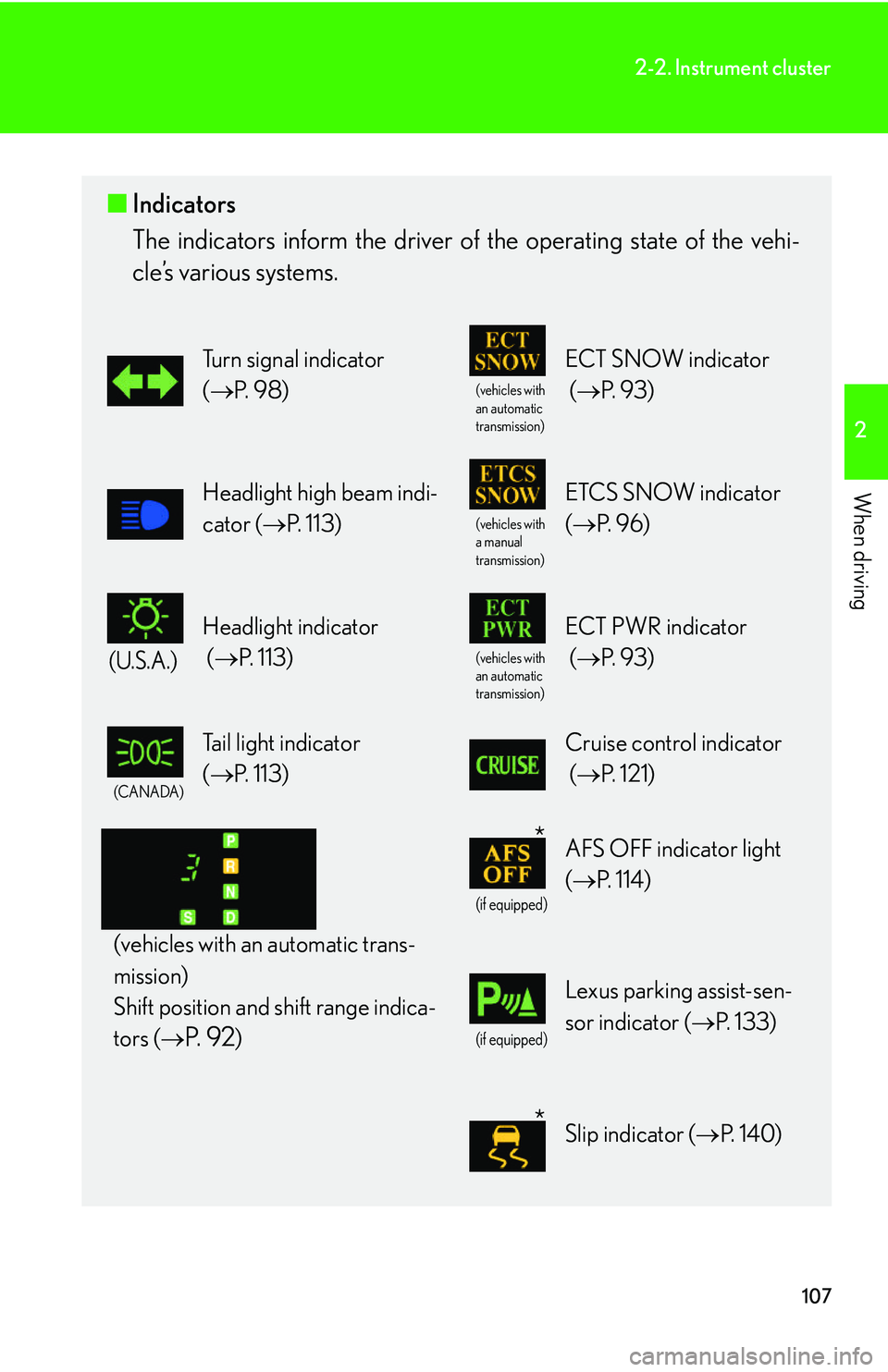 Lexus IS250 2006 Lexus Parking Assist-sensor / LEXUS 2006 IS350/250 THROUGH APRIL 2006 PROD. OWNERS MANUAL (OM53508U) 107
2-2. Instrument cluster
2
When driving
■Indicators
The indicators inform the driver of th e operating state of the vehi-
cle’s various systems.
Turn signal indicator
( P. 9 8 )
(vehicles Lexus IS250 2006 Lexus Parking Assist-sensor / LEXUS 2006 IS350/250 THROUGH APRIL 2006 PROD. OWNERS MANUAL (OM53508U) 107
2-2. Instrument cluster
2
When driving
■Indicators
The indicators inform the driver of th e operating state of the vehi-
cle’s various systems.
Turn signal indicator
( P. 9 8 )
(vehicles