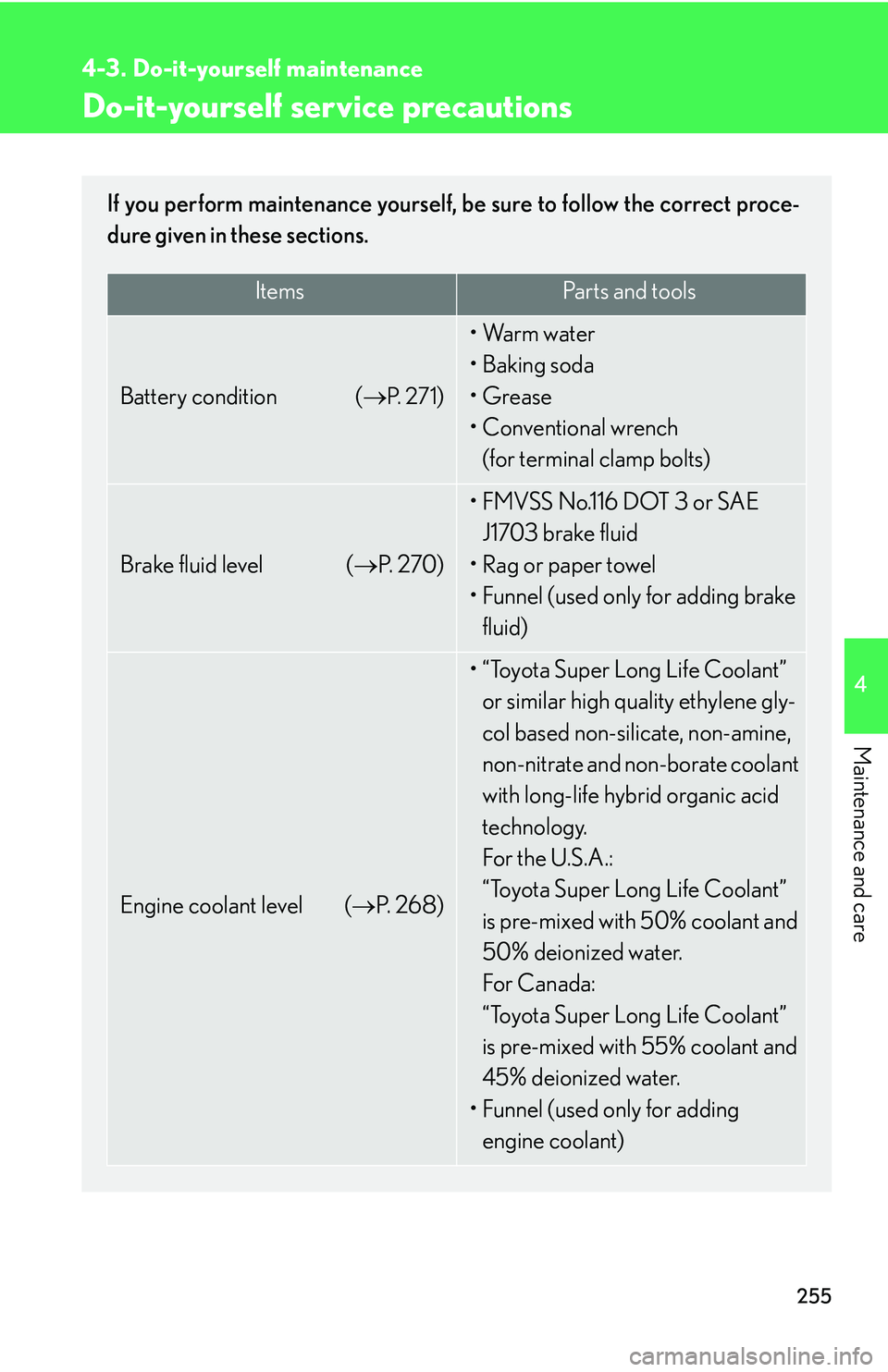Lexus IS250 2006  Lexus Parking Assist-sensor / LEXUS 2006 IS350/250 THROUGH APRIL 2006 PROD.  (OM53508U) Manual Online 255
4
Maintenance and care
4-3. Do-it-yourself maintenance
Do-it-yourself service precautions
If you perform maintenance yourself, be sure to follow the correct proce-
dure given in these sections.
It