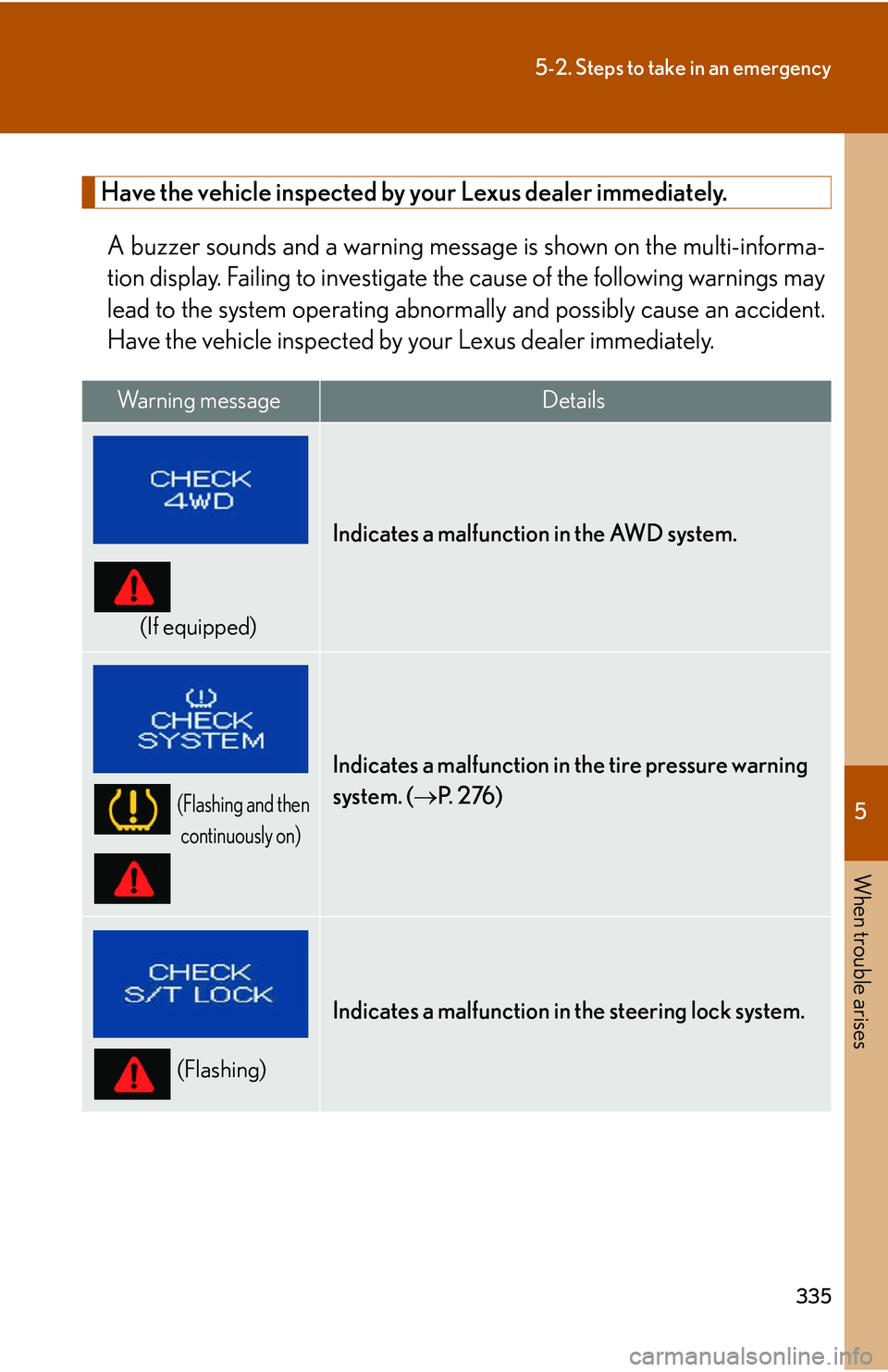 Lexus IS250 2006  Lexus Parking Assist-sensor / LEXUS 2006 IS350/250 THROUGH APRIL 2006 PROD.  (OM53508U) Workshop Manual 5
When trouble arises
335
5-2. Steps to take in an emergency
Have the vehicle inspected by your Lexus dealer immediately.A buzzer sounds and a warning message  is shown on the multi-informa-
tion disp
