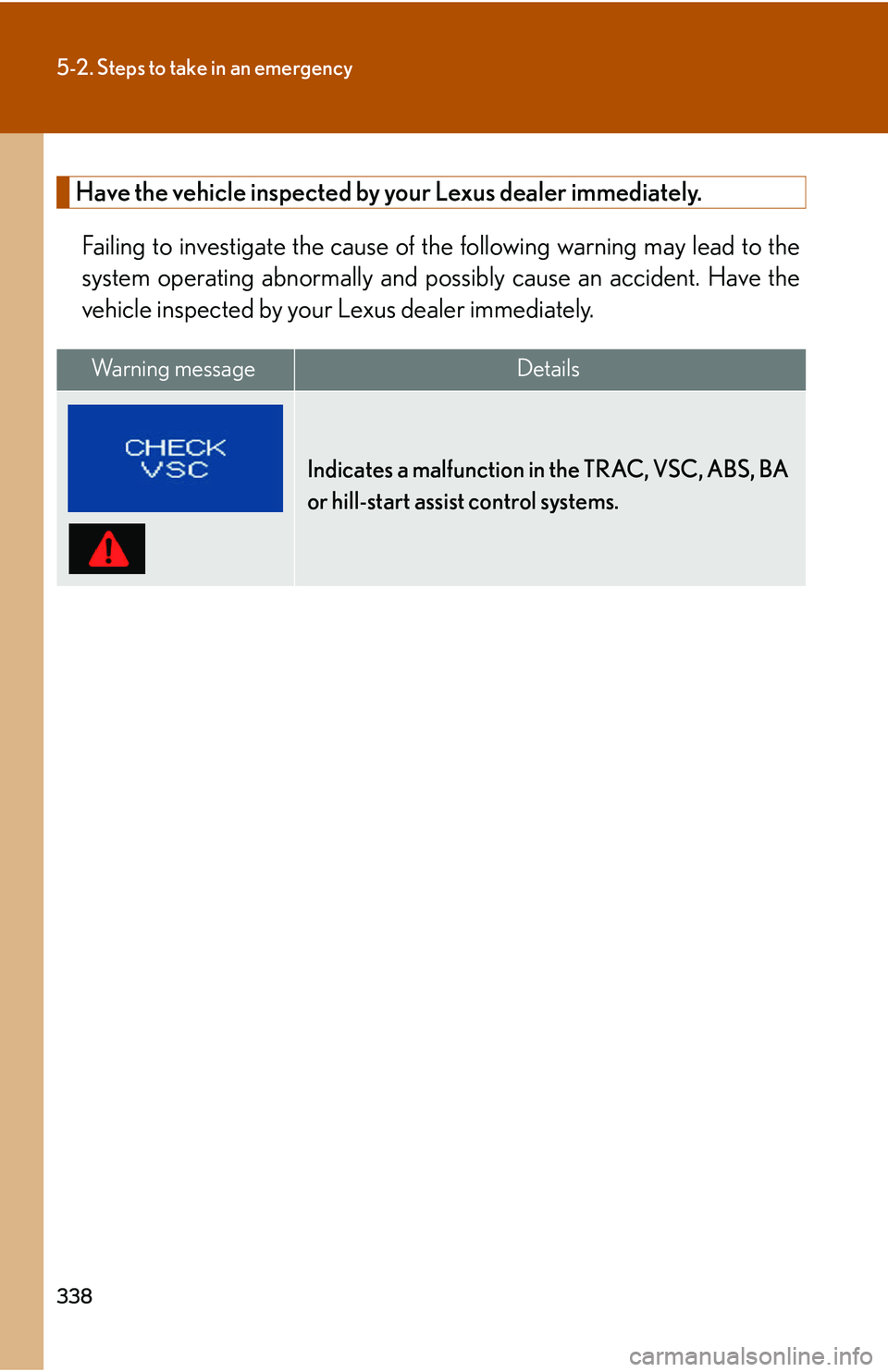 Lexus IS250 2006  Lexus Parking Assist-sensor / LEXUS 2006 IS350/250 THROUGH APRIL 2006 PROD. OWNERS MANUAL (OM53508U) 338
5-2. Steps to take in an emergency
Have the vehicle inspected by your Lexus dealer immediately.
Failing to investigate the cause of th e following warning may lead to the
system operating abnormal