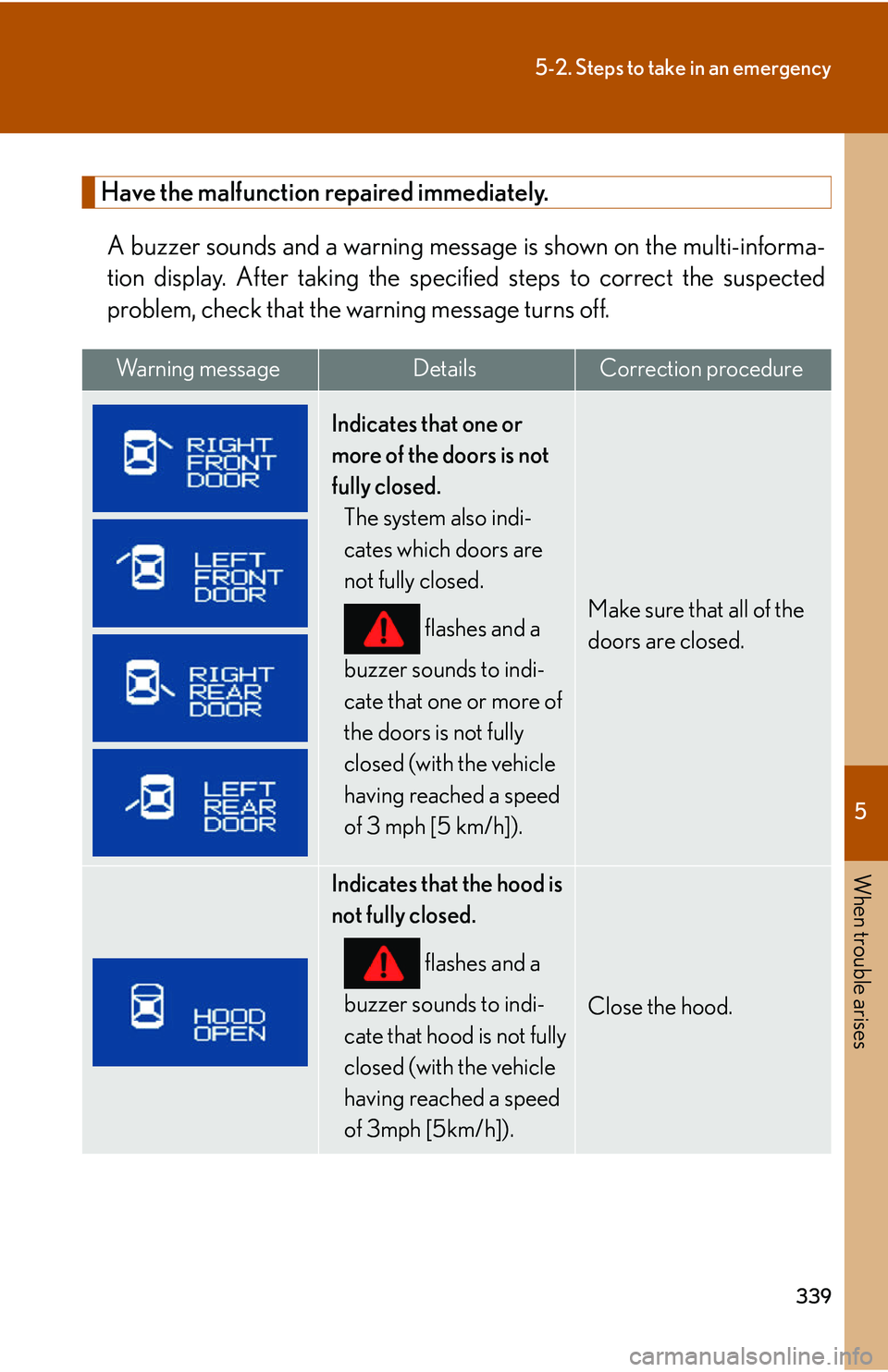 Lexus IS250 2006  Lexus Parking Assist-sensor / LEXUS 2006 IS350/250 THROUGH APRIL 2006 PROD.  (OM53508U) Workshop Manual 5
When trouble arises
339
5-2. Steps to take in an emergency
Have the malfunction repaired immediately.A buzzer sounds and a warning message  is shown on the multi-informa-
tion display. After taking 