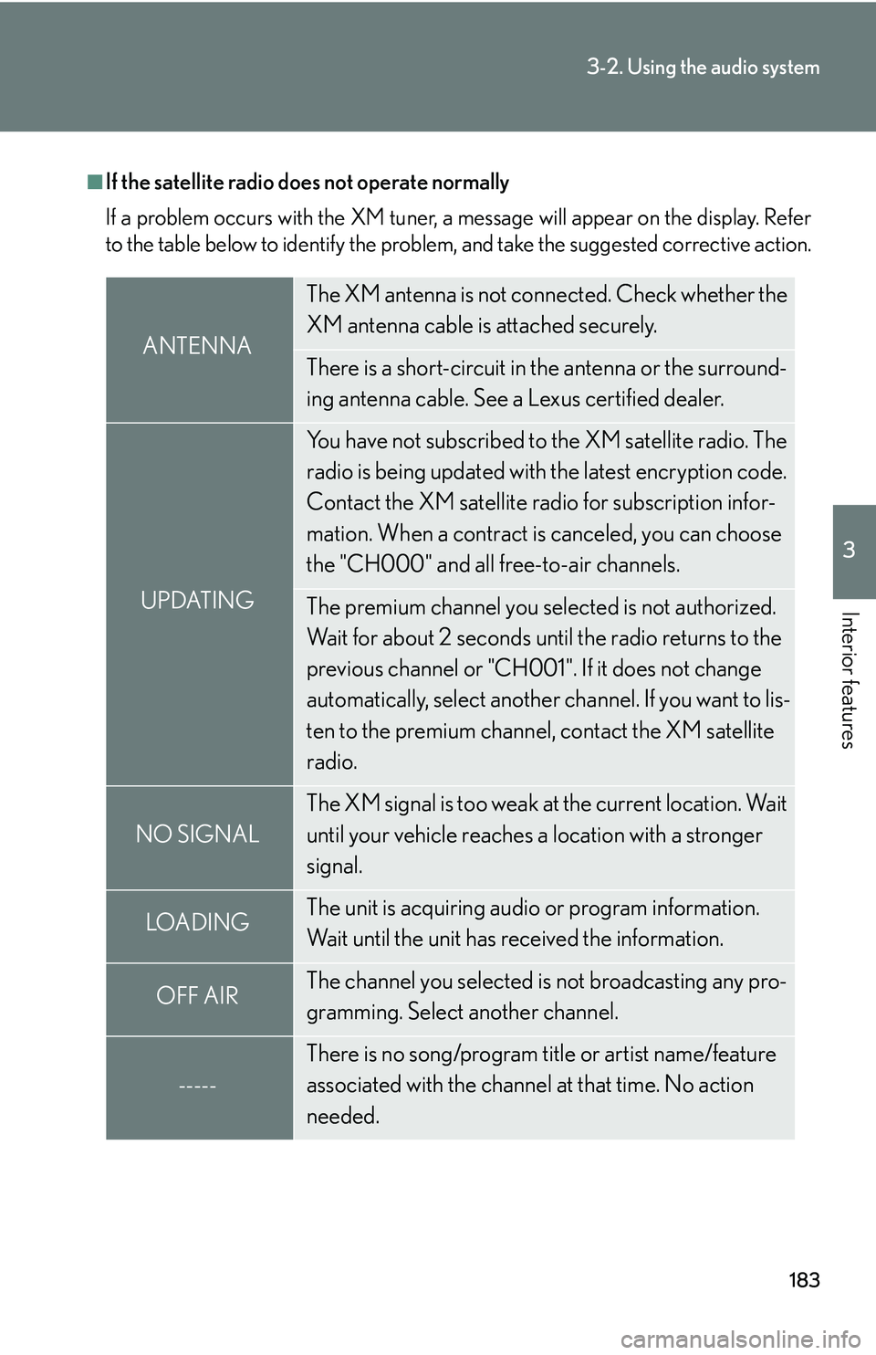 Lexus IS250 2006  Lexus Parking Assist-sensor / LEXUS 2006 IS350/250 FROM MAY 2006 PROD. OWNERS MANUAL (OM53619U) 183
3-2. Using the audio system
3
Interior features
■If the satellite radio does not operate normally
If a problem occurs with the XM tuner, a message will appear on the display. Refer
to the table 