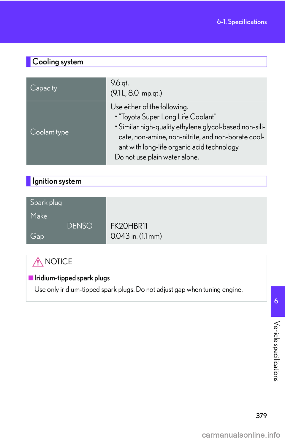 Lexus IS250 2006  Lexus Parking Assist-sensor / LEXUS 2006 IS350/250 FROM MAY 2006 PROD. OWNERS MANUAL (OM53619U) 379
6-1. Specifications
6
Vehicle specifications
Cooling system
Ignition system
Capacity9.6  q t .
(9.1 L, 8.0 lmp.qt.)
Coolant type
Use either of the following.• “Toyota Super Long Life Coolant" 