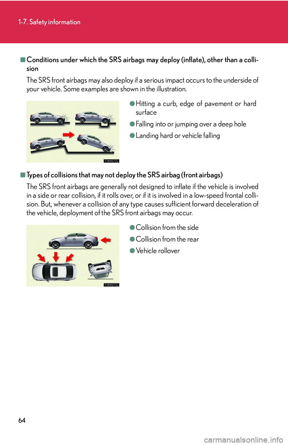 Lexus IS250 2006  Lexus Parking Assist-sensor / LEXUS 2006 IS350/250 FROM MAY 2006 PROD. OWNERS MANUAL (OM53619U) 64
1-7. Safety information
■Conditions under which the SRS airbags may deploy (inflate), other than a colli-
sion
The SRS front airbags may also deploy if a serious impact occurs to the underside of