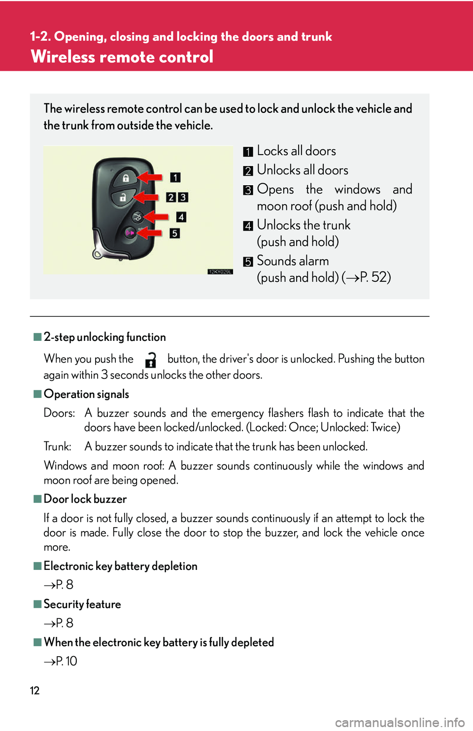 Lexus IS250 2006 Instrument cluster / LEXUS 2006 IS350/250 THROUGH APRIL 2006 PROD. (OM53508U) Owners Guide 12
1-2. Opening, closing and locking the doors and trunk
Wireless remote control
■2-step unlocking function
When you push the button, the drivers door is unlocked. Pushing the button
again within 3 Lexus IS250 2006 Instrument cluster / LEXUS 2006 IS350/250 THROUGH APRIL 2006 PROD. (OM53508U) Owners Guide 12
1-2. Opening, closing and locking the doors and trunk
Wireless remote control
■2-step unlocking function
When you push the button, the drivers door is unlocked. Pushing the button
again within 3