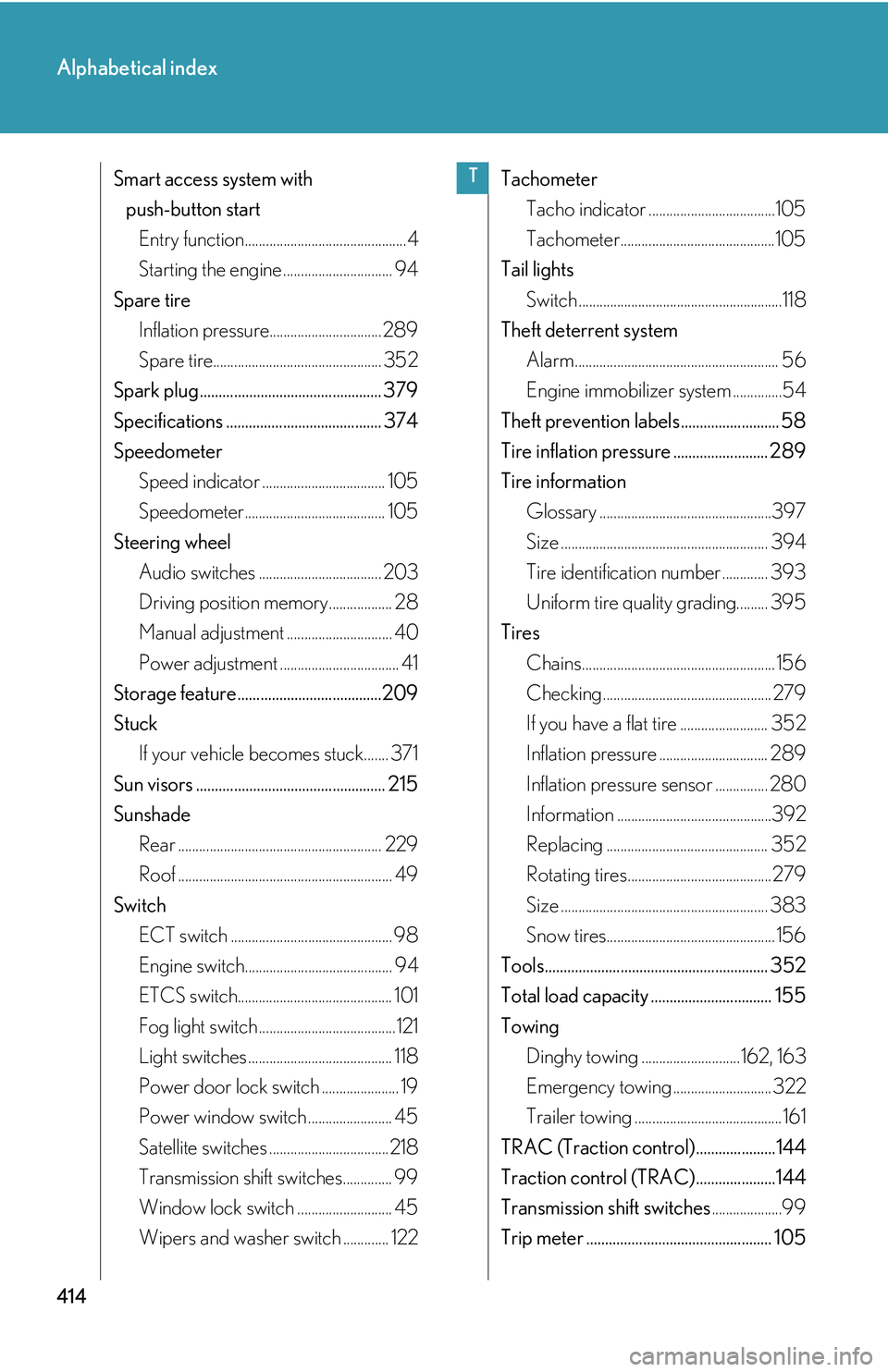 Lexus IS250 2006  Instrument cluster / LEXUS 2006 IS350/250 FROM MAY 2006 PROD.  (OM53619U) User Guide 414
Alphabetical index
Smart access system with push-button startEntry function..............................................4
Starting the engine ............................... 94
Spare tire Inflati