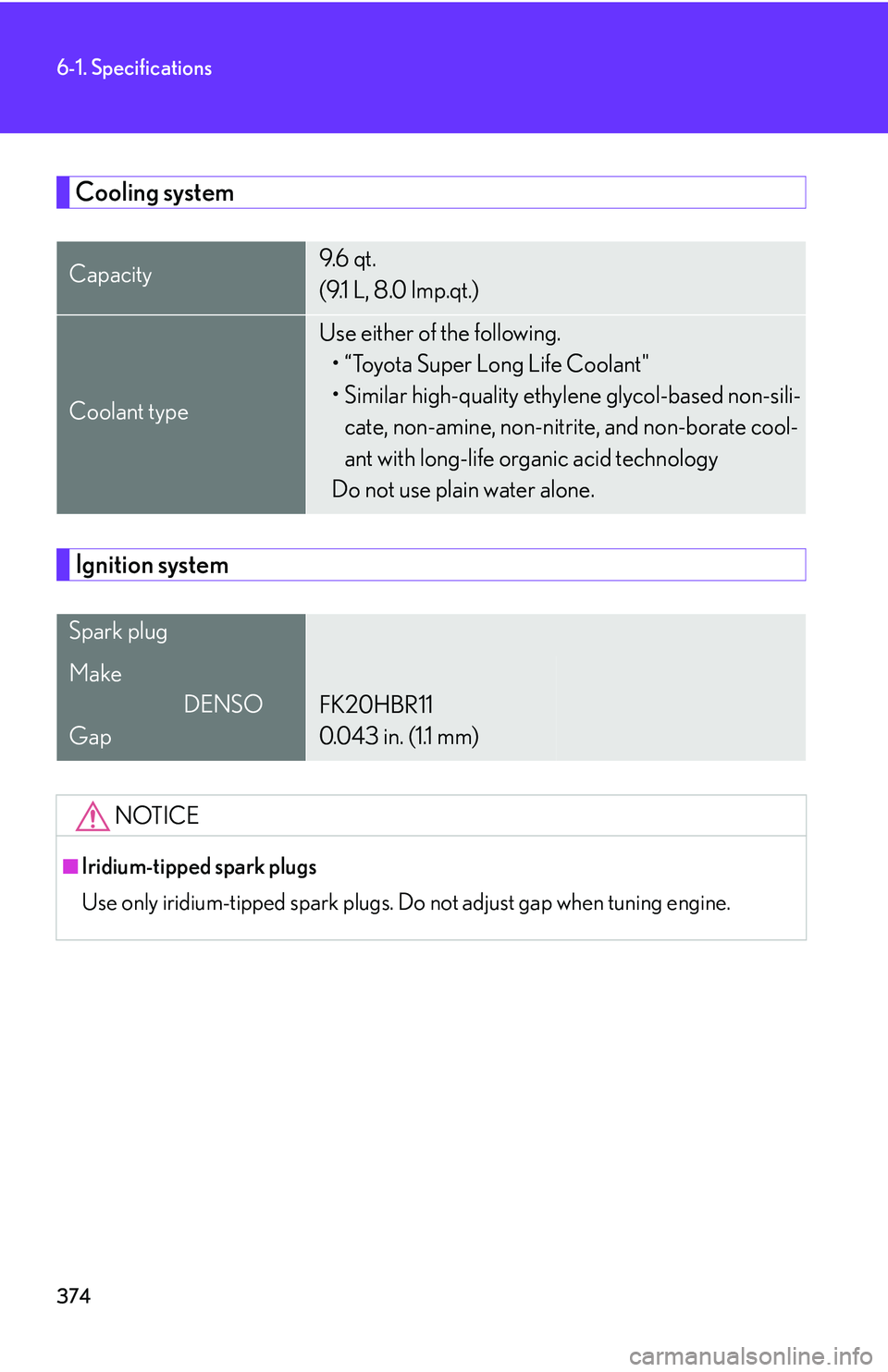 Lexus IS250 2006  Quick Guide / LEXUS 2006 IS350/250 THROUGH APRIL 2006 PROD. OWNERS MANUAL (OM53508U) 374
6-1. Specifications
Cooling system
Ignition system
Capacity9.6  q t .
(9.1 L, 8.0 lmp.qt.)
Coolant type
Use either of the following.• “Toyota Super Long Life Coolant" 
• Similar high-quality