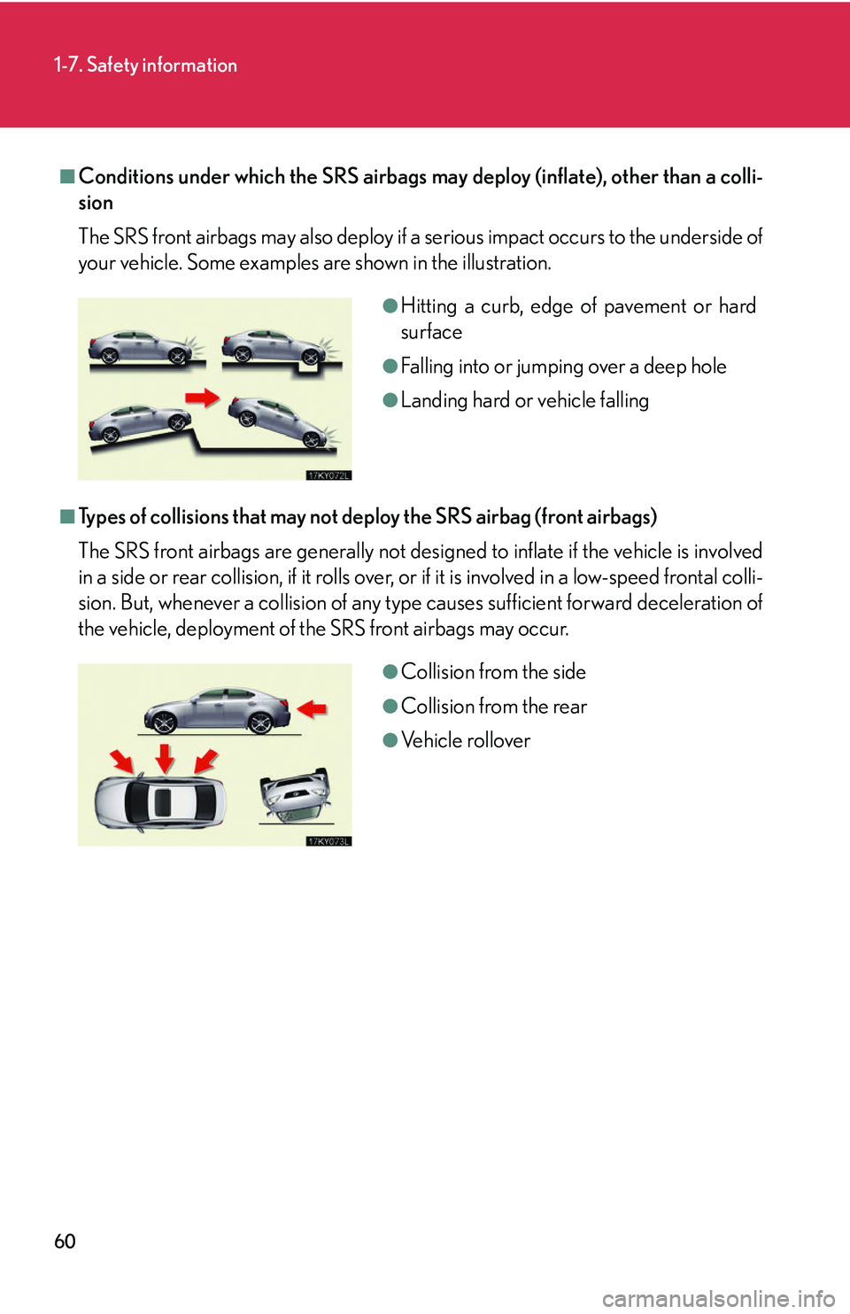Lexus IS250 2006 Using the interior lights / LEXUS 2006 IS350/250 THROUGH APRIL 2006 PROD. (OM53508U) Manual PDF 60
1-7. Safety information
■Conditions under which the SRS airbags may deploy (inflate), other than a colli-
sion
The SRS front airbags may also deploy if a serious impact occurs to the underside of Lexus IS250 2006 Using the interior lights / LEXUS 2006 IS350/250 THROUGH APRIL 2006 PROD. (OM53508U) Manual PDF 60
1-7. Safety information
■Conditions under which the SRS airbags may deploy (inflate), other than a colli-
sion
The SRS front airbags may also deploy if a serious impact occurs to the underside of