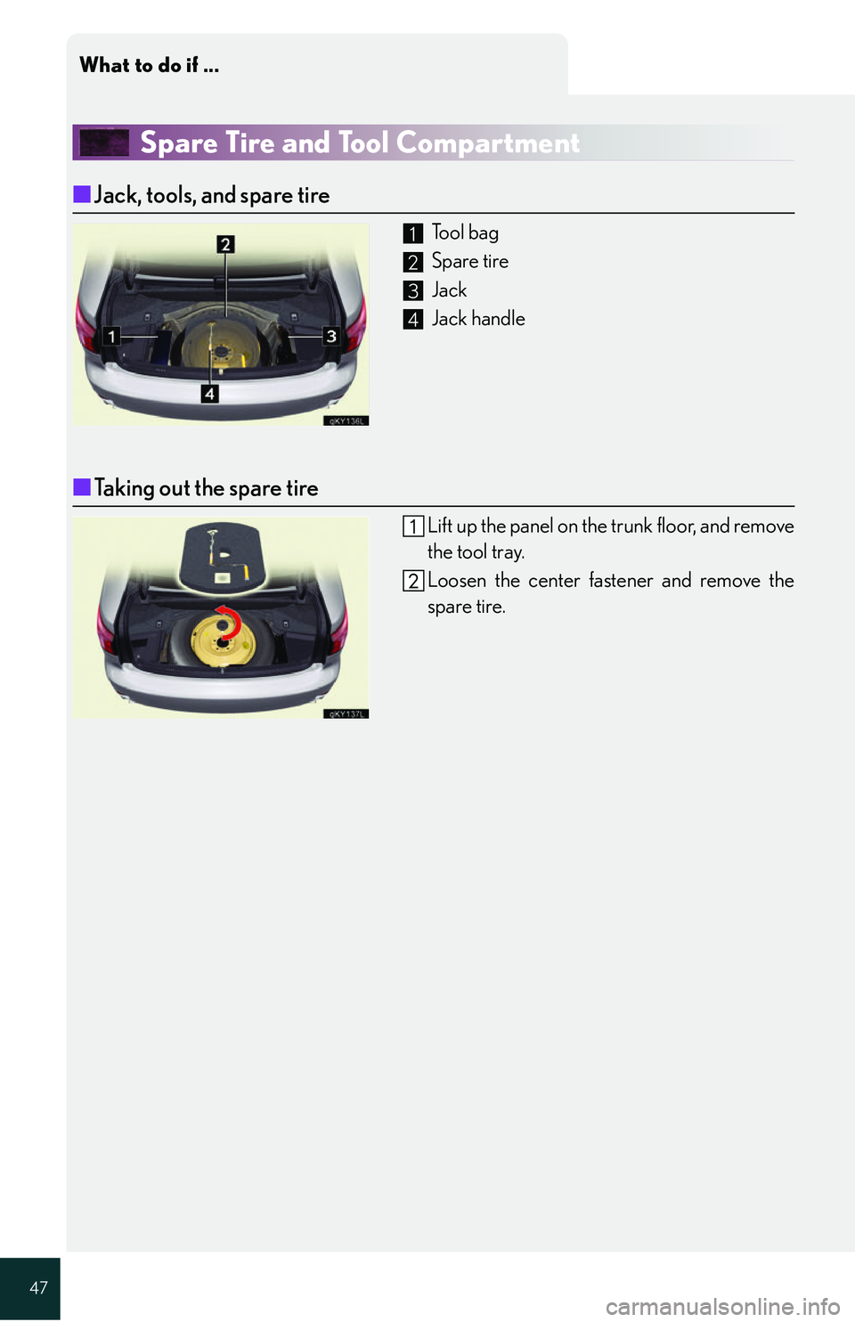 Lexus IS250 2006 Using the interior lights / LEXUS 2006 IS350/250 QUICK REFERENCE GUIDE What to do if ...
47
Spare Tire and Tool Compartment
■Jack, tools, and spare tire
To o l b a g
Spare tire
Jack
Jack handle
■Taking out the spare tire
Lift up the panel on the trunk floor, and Lexus IS250 2006 Using the interior lights / LEXUS 2006 IS350/250 QUICK REFERENCE GUIDE What to do if ...
47
Spare Tire and Tool Compartment
■Jack, tools, and spare tire
To o l b a g
Spare tire
Jack
Jack handle
■Taking out the spare tire
Lift up the panel on the trunk floor, and