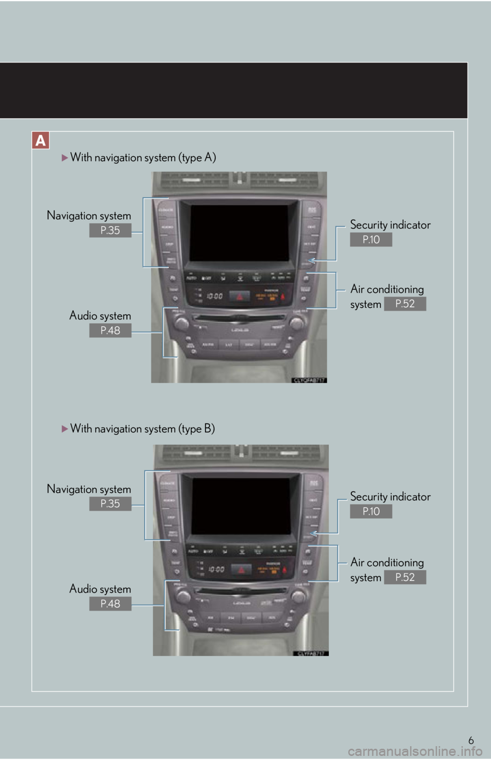 Lexus IS250C 2012  Instrument cluster / 2012 IS250C,IS350C OWNERS MANUAL QUICK GUIDE (OM53A74U) 6
With navigation system (type A)
Security indicator 
P.10
Air conditioning 
system 
P.52Audio system
P.48
Navigation system
P.35
Security indicator 
P.10
Air conditioning 
system 
P.52Audio system
P.