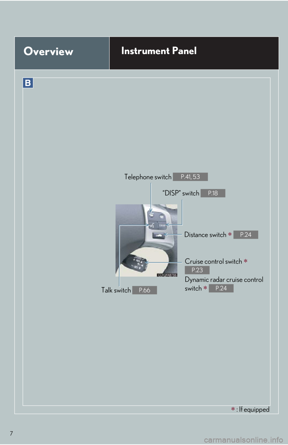 Lexus IS250C 2012  Instrument cluster / 2012 IS250C,IS350C OWNERS MANUAL QUICK GUIDE (OM53A74U) 7
OverviewInstrument Panel
Distance switch  P.24
Cruise control switch  
Dynamic radar cruise control 
switch 
 
P.23
P.24
 : If equipped
“DISP” switch 
P.18
Telephone switch P.41, 53
