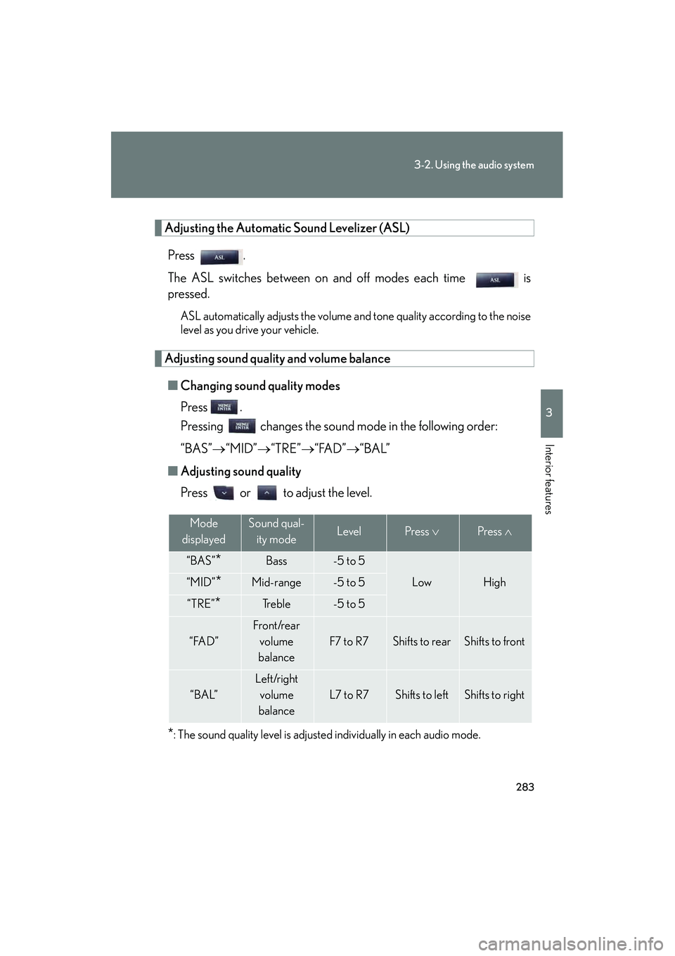 Lexus IS250C 2010  Owners Manual 283
3-2. Using the audio system
3
Interior features
10_IS250C/350C_U
Adjusting the Automatic Sound Levelizer (ASL)
Press .
The ASL switches between on and off modes each time   is
pressed.
ASL automat