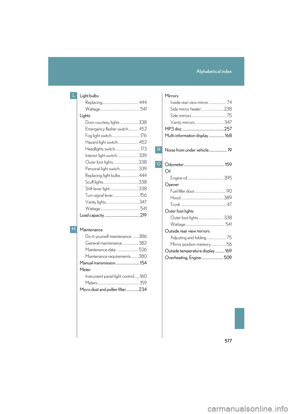 Lexus IS250C 2010  Owners Manual 577
Alphabetical index
10_IS250C/350C_U
Light bulbsReplacing............................................... 444
Wattage ................................................... 541
Lights
Door courtesy lig