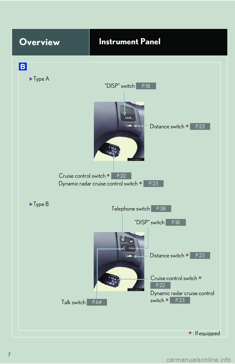 Lexus IS250C 2010  Do-It-Yourself Maintenance / LEXUS 2010 IS350C/IS250C OWNERS MANUAL QUICK GUIDE (OM53836U) 7
OverviewInstrument Panel
Type B
Type A
Cruise control switch  
Dynamic radar cruise control switch 

P.22
P.23
Distance switch  P.23
Distance switch  P.23
Cruise control switch 
Dynam