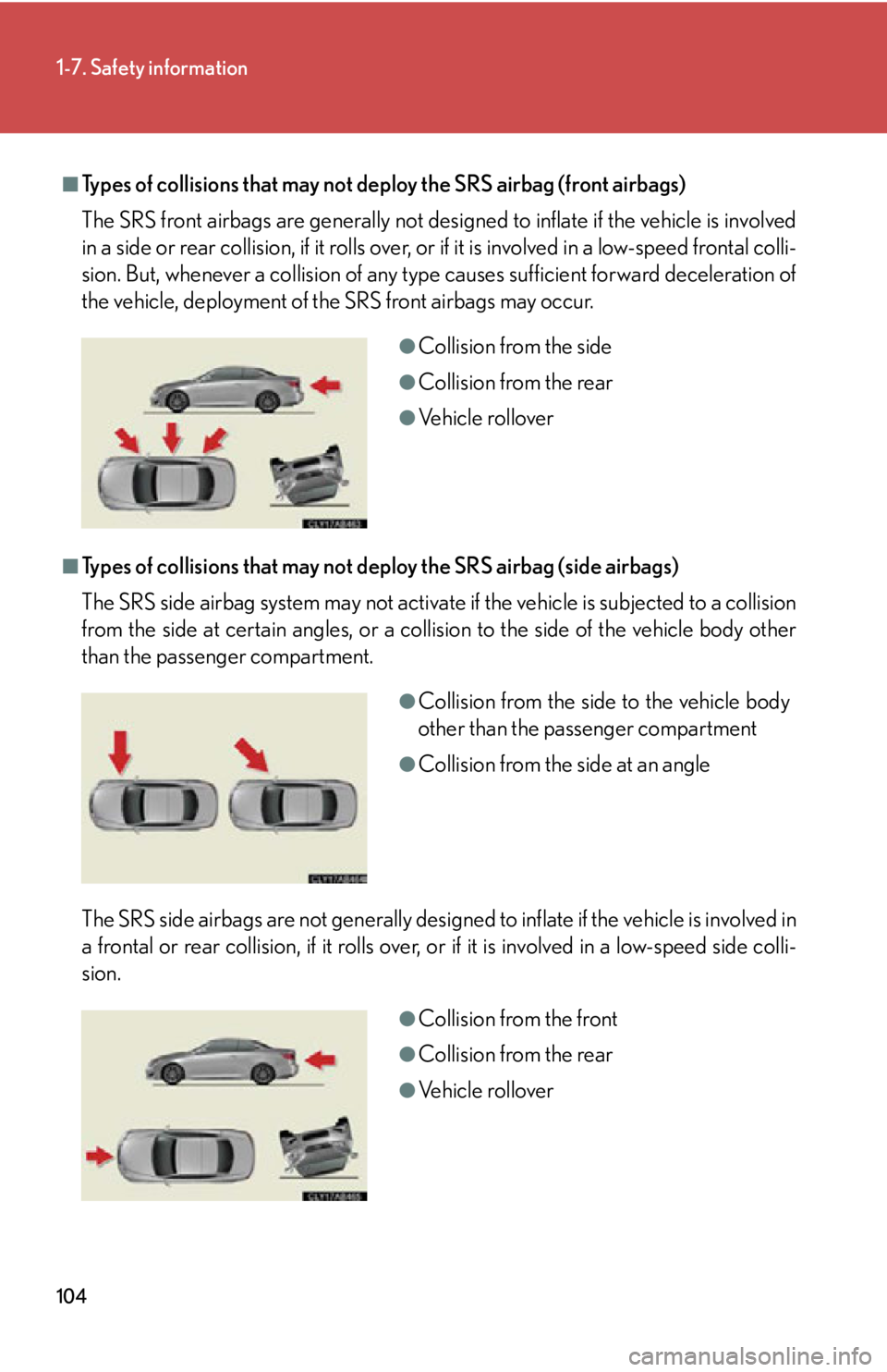 Lexus IS250C 2010  Do-It-Yourself Maintenance / LEXUS 2010 IS350C/250C OWNERS MANUAL (OM53A20U) 104
1-7. Safety information
■Types of collisions that may not deploy the SRS airbag (front airbags)
The SRS front airbags are generally not designed to inflate if the vehicle is involved
in a side o