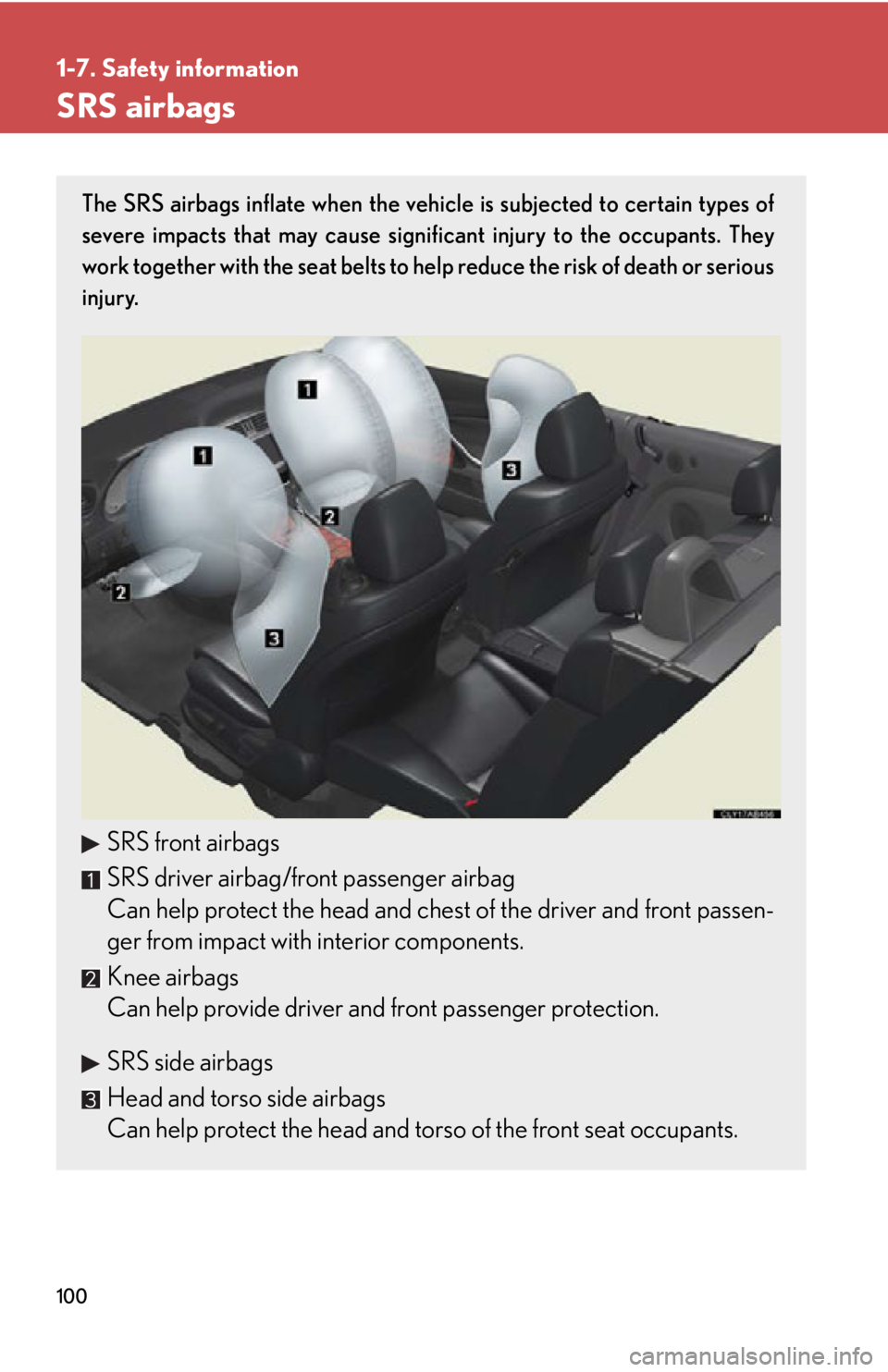 Lexus IS250C 2010 Do-It-Yourself Maintenance / LEXUS 2010 IS350C/250C (OM53A20U) User Guide 100
1-7. Safety information
SRS airbags
The SRS airbags inflate when the vehicle is subjected to certain types of
severe impacts that may cause significant injury to the occupants. They
work together Lexus IS250C 2010 Do-It-Yourself Maintenance / LEXUS 2010 IS350C/250C (OM53A20U) User Guide 100
1-7. Safety information
SRS airbags
The SRS airbags inflate when the vehicle is subjected to certain types of
severe impacts that may cause significant injury to the occupants. They
work together