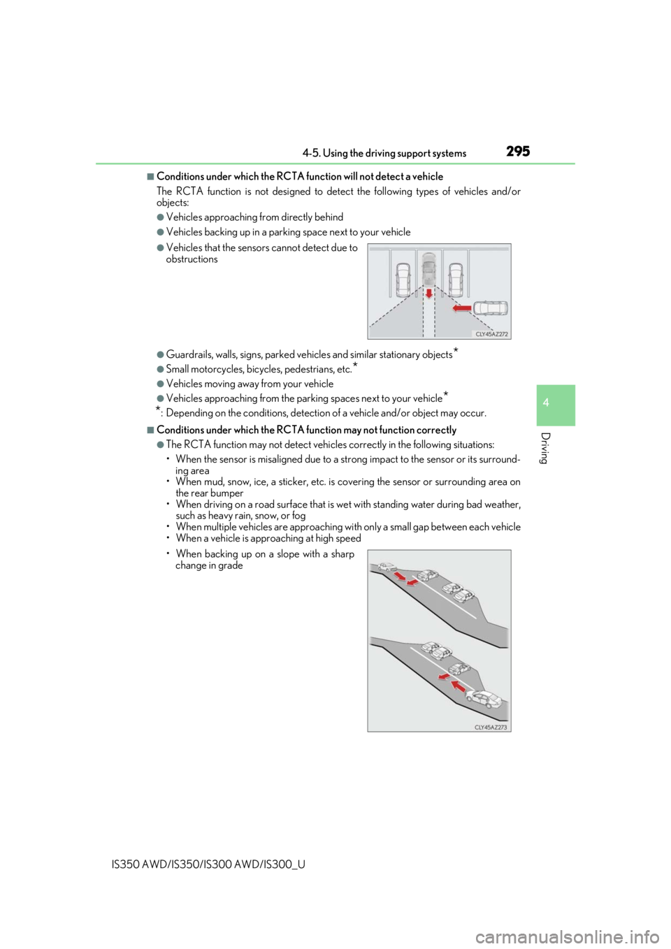 Lexus IS300 2020  Owners Manual / LEXUS 2020 IS300,IS350 OWNERS MANUAL (OM53F29U) 2954-5. Using the driving support systems
4
Driving
IS350 AWD/IS350/IS300 AWD/IS300_U
■Conditions under which the RCTA function will not detect a vehicle
The RCTA function is not designed to detect 