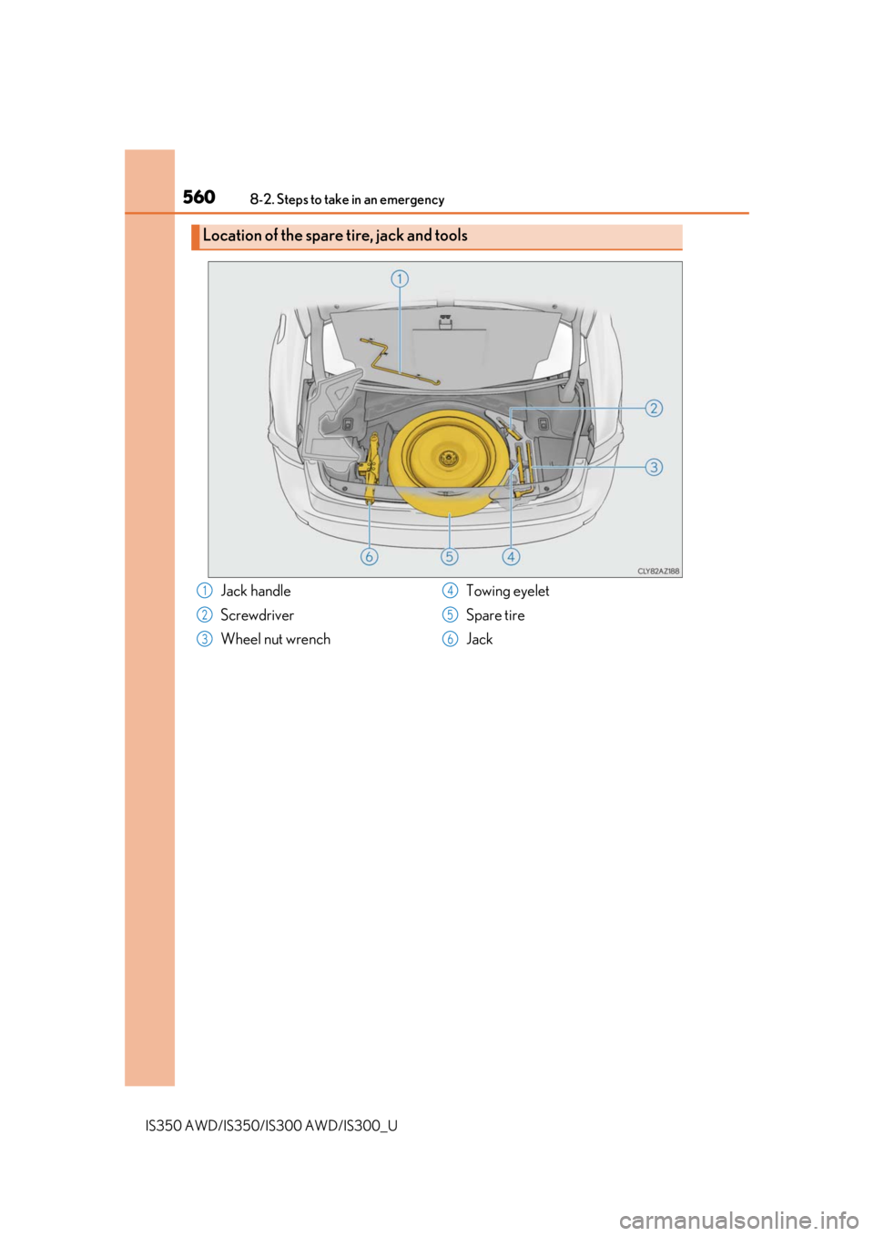 Lexus IS300 2020 Owners Manual / LEXUS 2020 IS300,IS350 OWNERS MANUAL (OM53F29U) 5608-2. Steps to take in an emergency
IS350 AWD/IS350/IS300 AWD/IS300_U
Location of the spare tire, jack and tools
Jack handle
Screwdriver
Wheel nut wrenchTowing eyelet
Spare tire
Jack1
2
3
4
5
6 Lexus IS300 2020 Owners Manual / LEXUS 2020 IS300,IS350 OWNERS MANUAL (OM53F29U) 5608-2. Steps to take in an emergency
IS350 AWD/IS350/IS300 AWD/IS300_U
Location of the spare tire, jack and tools
Jack handle
Screwdriver
Wheel nut wrenchTowing eyelet
Spare tire
Jack1
2
3
4
5
6