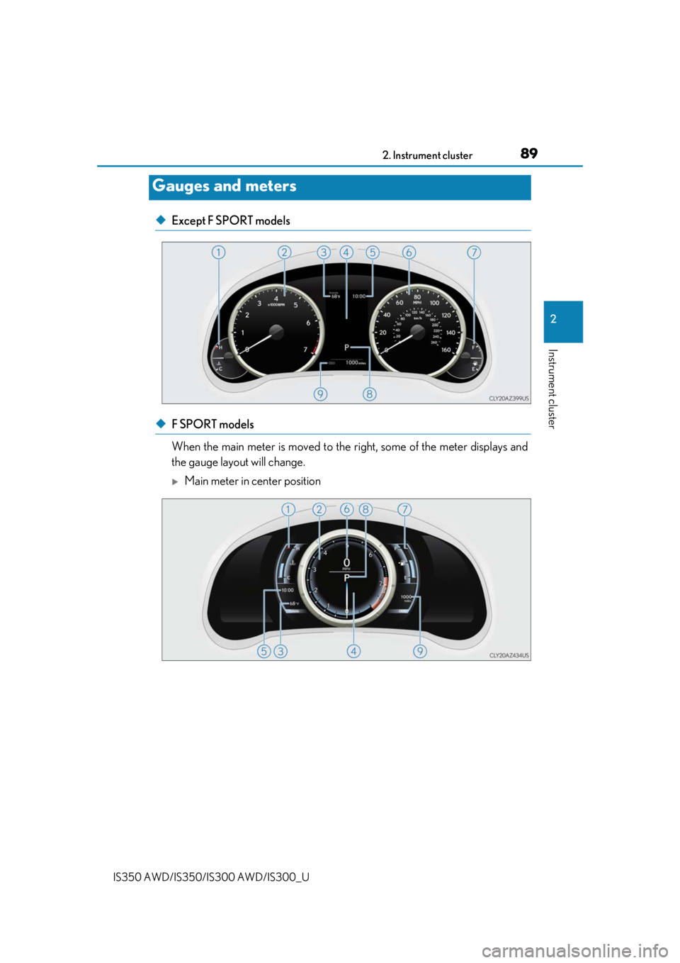 Lexus IS300 2020   / LEXUS 2020 IS300,IS350  (OM53F29U) Manual Online 892. Instrument cluster
2
Instrument cluster
IS350 AWD/IS350/IS300 AWD/IS300_U
◆Except F SPORT models
◆F SPORT models 
When the main meter is moved to the right, some of the meter displays and
the