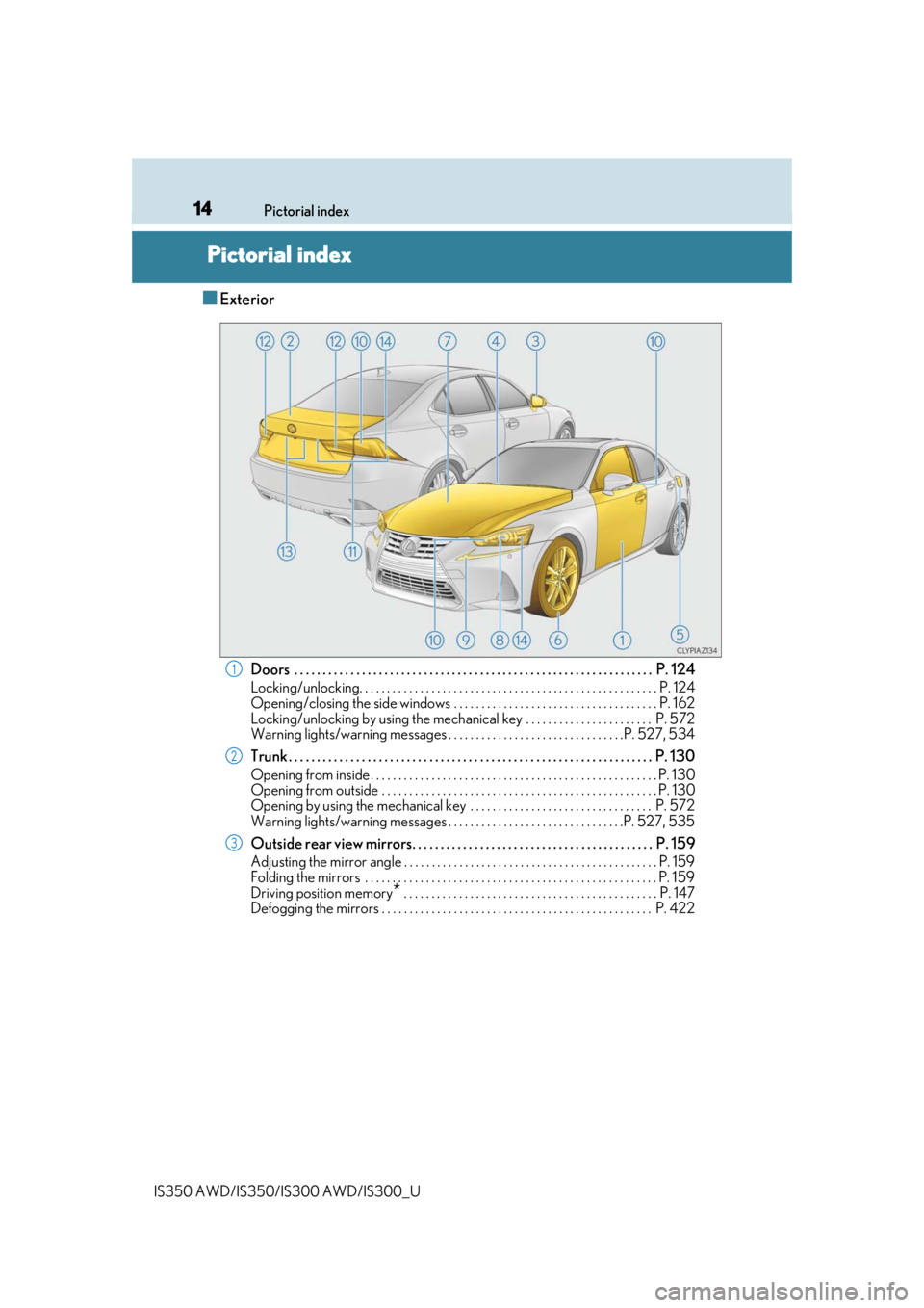 Lexus IS300 2019   / 2019 IS300,IS350  (OM53E71U) User Guide 14
IS350 AWD/IS350/IS300 AWD/IS300_UPictorial index
Pictorial index
■Exterior
Doors  . . . . . . . . . . . . . . . . . . . . . . . . . . . . . . . . . . . . . . . . . . . . . . . . . . . . . . . . .