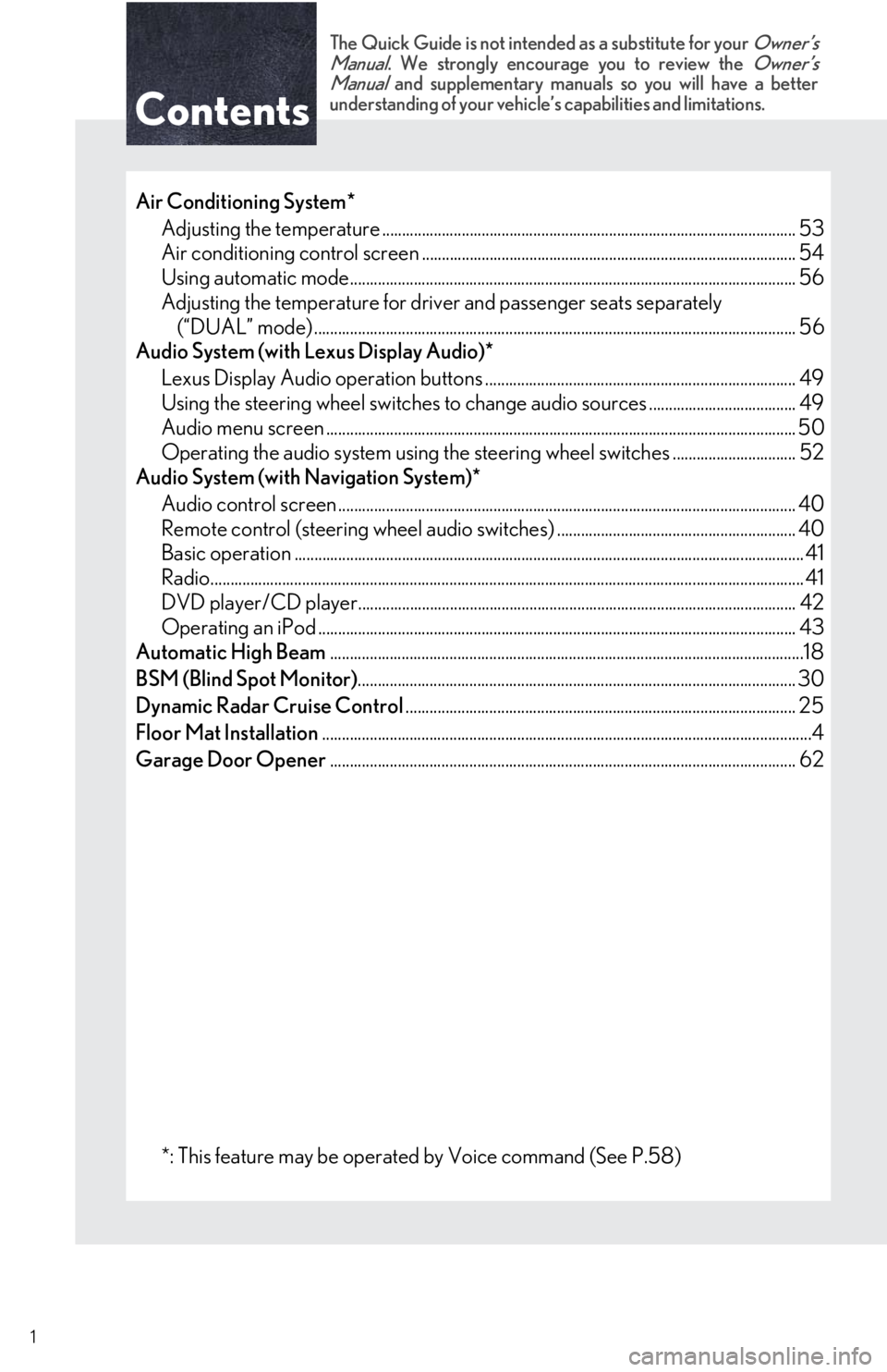 Lexus IS300 2018 Owners Manual / LEXUS 2018 IS300,IS350 OWNERS MANUAL QUICK GUIDE (OM53E60U) Contents
The Quick Guide is not intended as a substitute for your Owner’s
Manual. We strongly encourage you to review the Owner’s
Manual and supplementary manuals so you will have a better
underst Lexus IS300 2018 Owners Manual / LEXUS 2018 IS300,IS350 OWNERS MANUAL QUICK GUIDE (OM53E60U) Contents
The Quick Guide is not intended as a substitute for your Owner’s
Manual. We strongly encourage you to review the Owner’s
Manual and supplementary manuals so you will have a better
underst