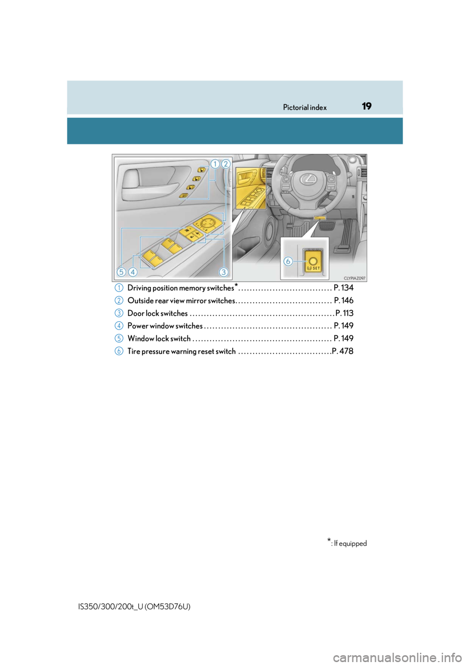 Lexus IS300 2017 Owners Manual / LEXUS 2017 IS200T,IS300,IS350 OWNERS MANUAL (OM53D76U) 19Pictorial index
IS350/300/200t_U (OM53D76U)
Driving position memory switches*. . . . . . . . . . . . . . . . . . . . . . . . . . . . . . . . . P. 134
Outside rear view mirror switches . . . . . . . Lexus IS300 2017 Owners Manual / LEXUS 2017 IS200T,IS300,IS350 OWNERS MANUAL (OM53D76U) 19Pictorial index
IS350/300/200t_U (OM53D76U)
Driving position memory switches*. . . . . . . . . . . . . . . . . . . . . . . . . . . . . . . . . P. 134
Outside rear view mirror switches . . . . . . .