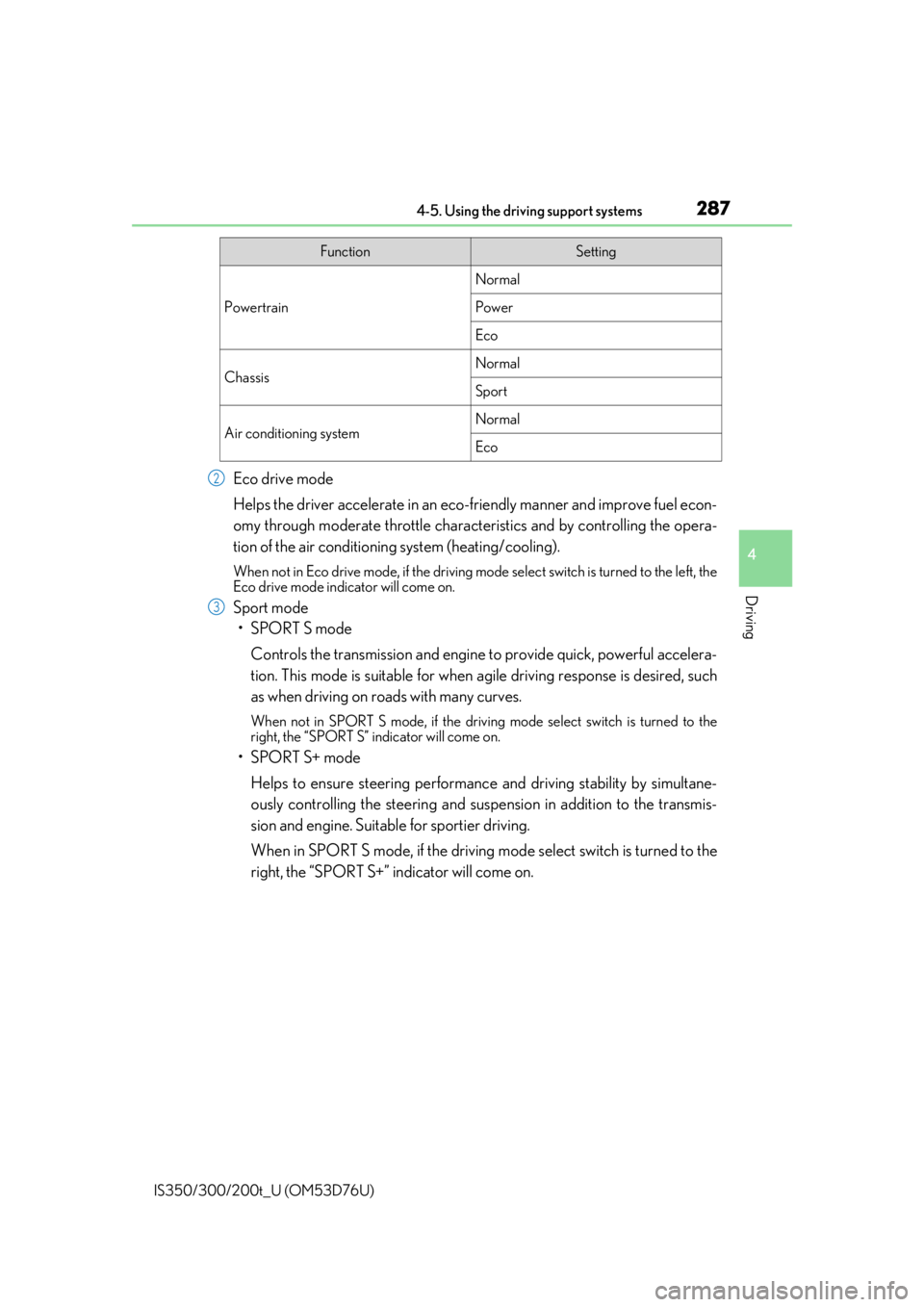 Lexus IS300 2017  Owners Manual / LEXUS 2017 IS200T,IS300,IS350 OWNERS MANUAL (OM53D76U) 2874-5. Using the driving support systems
4
Driving
IS350/300/200t_U (OM53D76U)
Eco drive mode
Helps the driver accelerate in an eco-friendly manner and improve fuel econ-
omy through moderate throttl