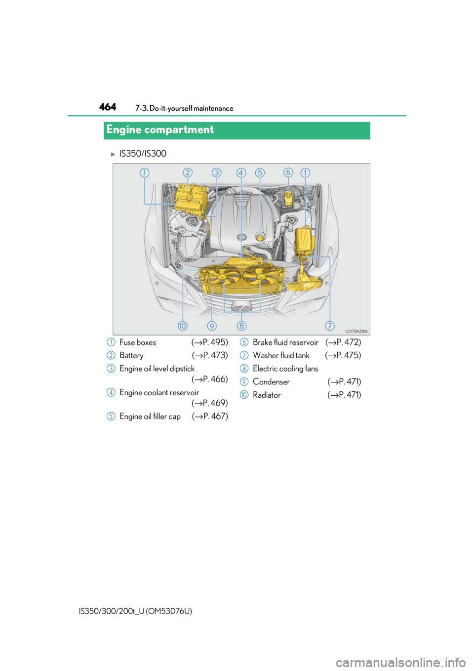 Lexus IS300 2017   / LEXUS 2017 IS200T,IS300,IS350  (OM53D76U) Owners Guide 4647-3. Do-it-yourself maintenance
IS350/300/200t_U (OM53D76U)
IS350/IS300
Engine compartment
Fuse boxes  (→ P. 495)
Battery ( →P. 473)
Engine oil level dipstick  (→ P. 466)
Engine coolant re