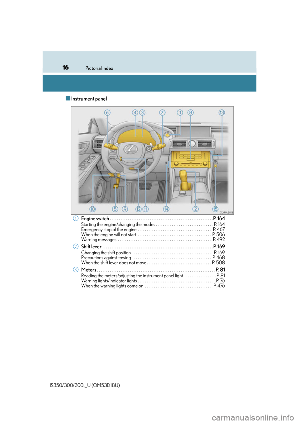 Lexus IS300 2016  Owners Manual / LEXUS 2016 IS200T,IS300,IS350 OWNERS MANUAL (OM53D18U) 16Pictorial index
IS350/300/200t_U (OM53D18U)
■Instrument panel
Engine switch . . . . . . . . . . . . . . . . . . . . . . . . . . . . . . . . . . . . . . . . . . . . . . . . . . . . . . . . . P.  1 
