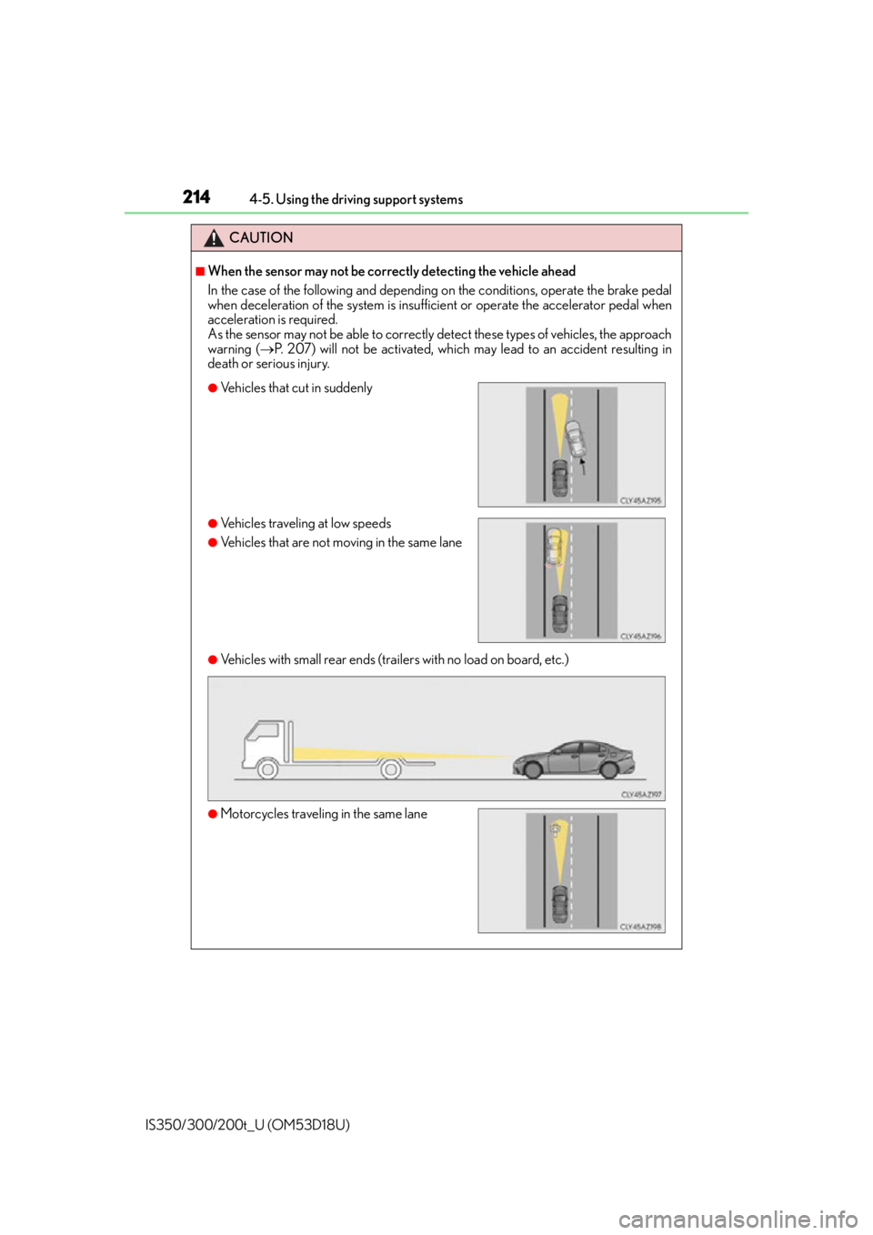 Lexus IS300 2016  Owners Manual / LEXUS 2016 IS200T,IS300,IS350 OWNERS MANUAL (OM53D18U) 2144-5. Using the driving support systems
IS350/300/200t_U (OM53D18U)
CAUTION
■When the sensor may not be correctly detecting the vehicle ahead
In the case of the following and depending on the cond