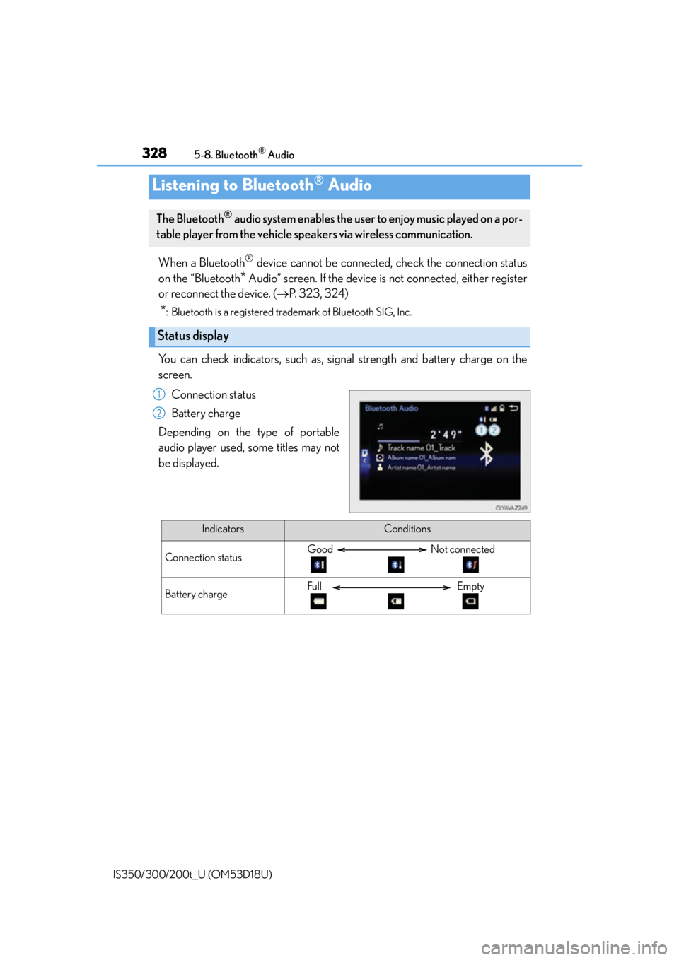 Lexus IS300 2016  Owners Manual / LEXUS 2016 IS200T,IS300,IS350  (OM53D18U) User Guide 328
IS350/300/200t_U (OM53D18U)5-8. Bluetooth
® Audio
When a Bluetooth® device cannot be connected, check the connection status
on the “Bluetooth
* Audio” screen. If the device is  not connected