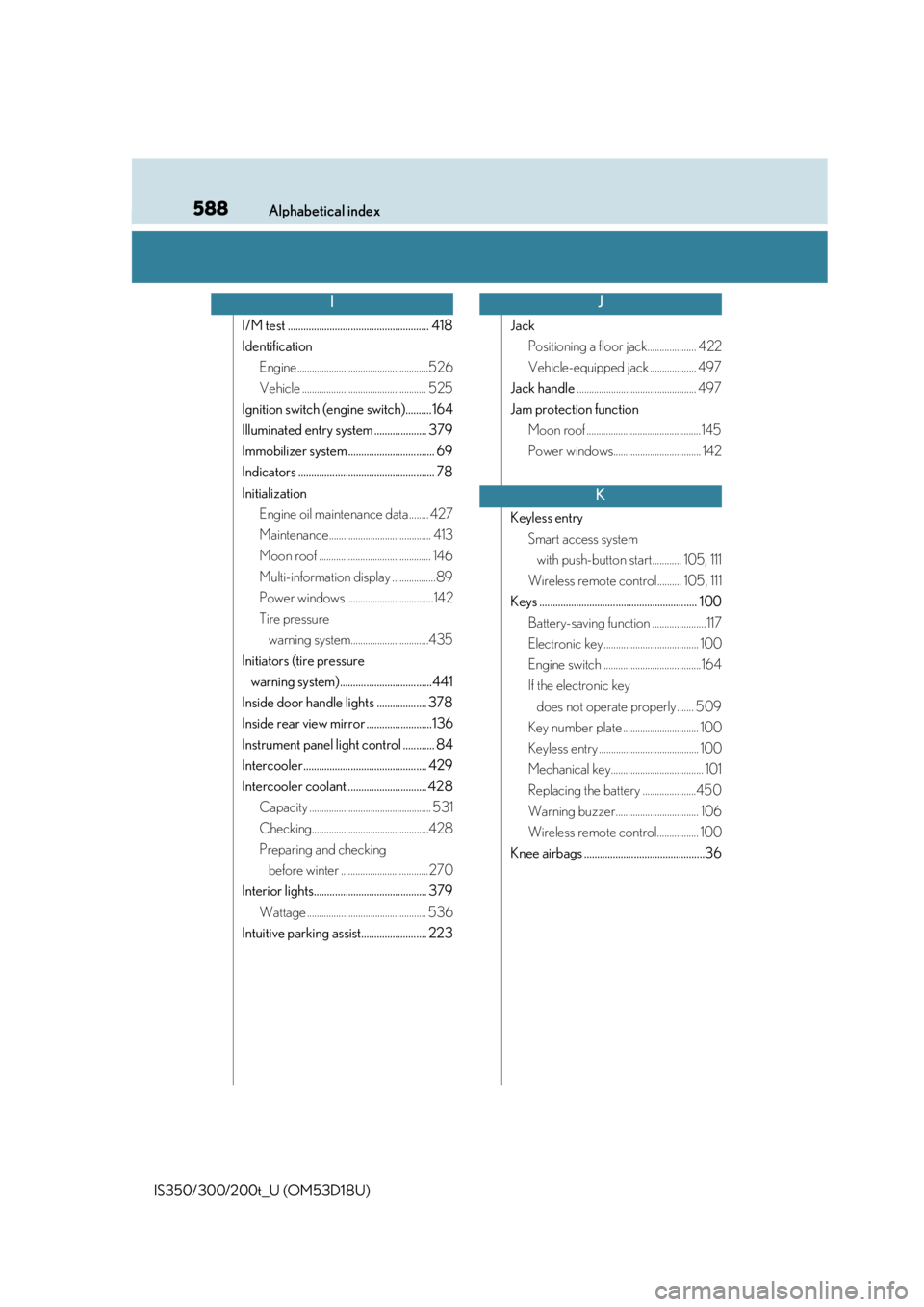 Lexus IS300 2016  Owners Manual / LEXUS 2016 IS200T,IS300,IS350 OWNERS MANUAL (OM53D18U) 588Alphabetical index
IS350/300/200t_U (OM53D18U)
I/M test ...................................................... 418
IdentificationEngine ......................................................526
Veh