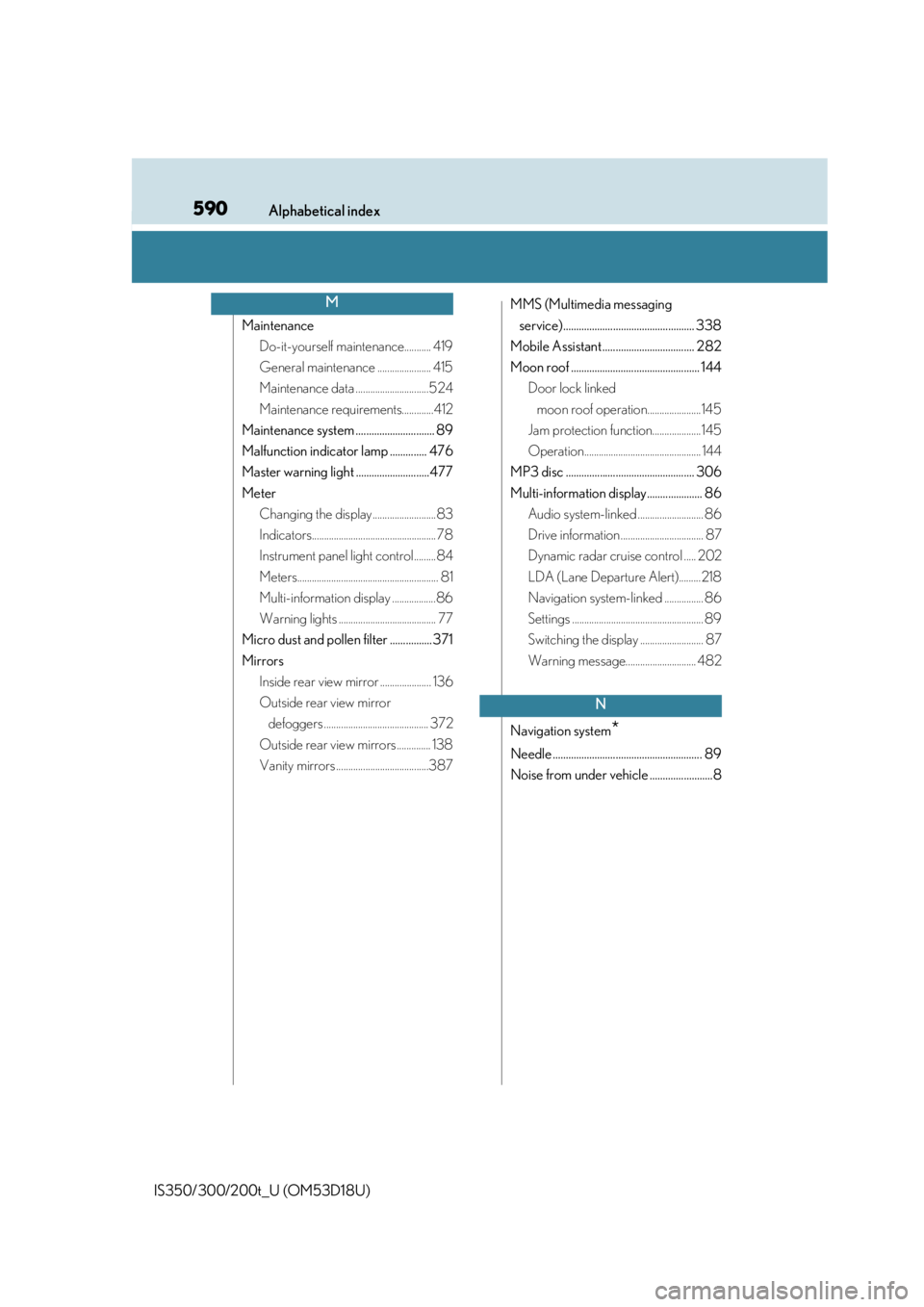 Lexus IS300 2016  Owners Manual / LEXUS 2016 IS200T,IS300,IS350 OWNERS MANUAL (OM53D18U) 590Alphabetical index
IS350/300/200t_U (OM53D18U)
MaintenanceDo-it-yourself maintenance........... 419
General maintenance ...................... 415
Maintenance data ..............................524