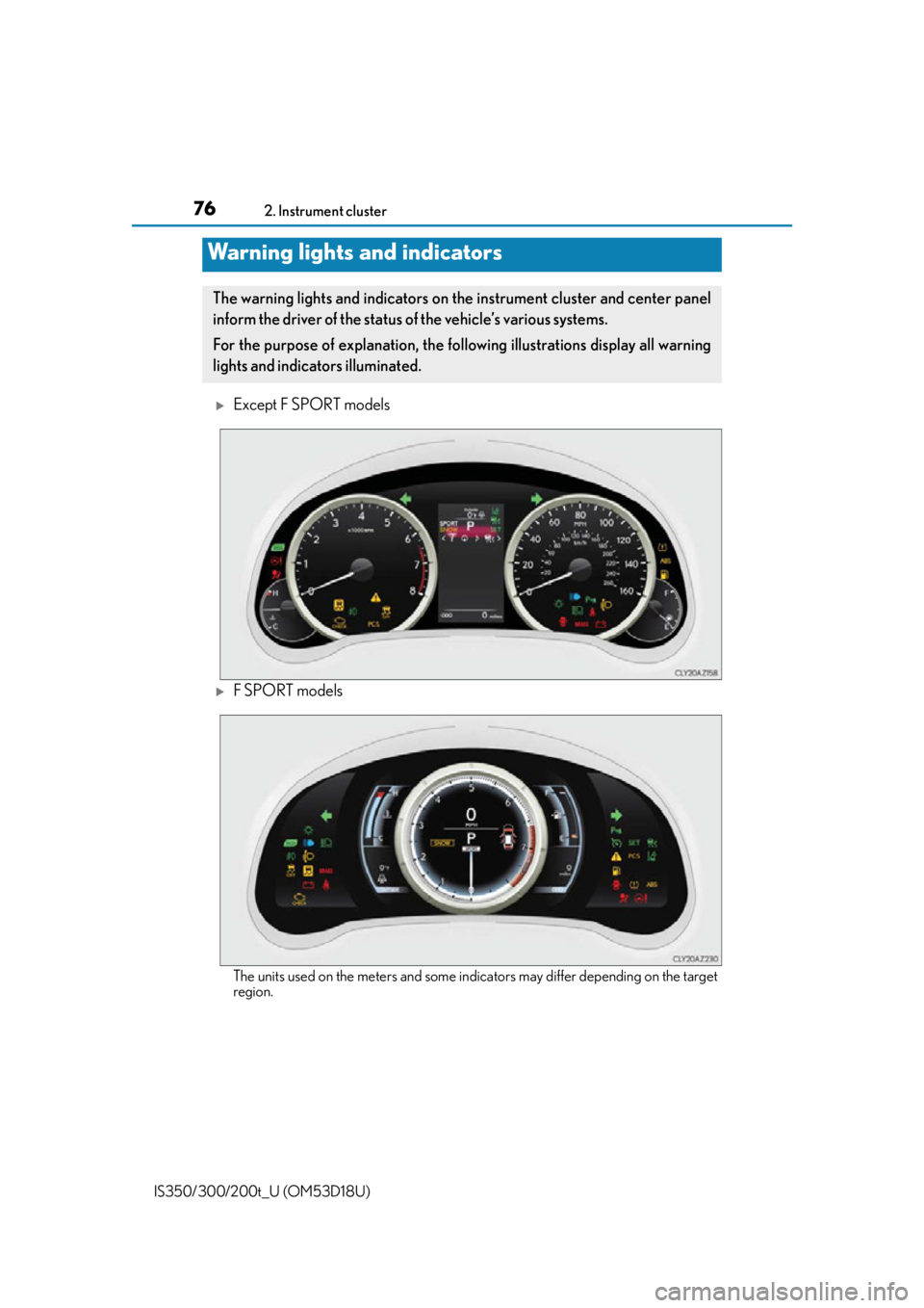 Lexus IS300 2016  Owners Manual / LEXUS 2016 IS200T,IS300,IS350 OWNERS MANUAL (OM53D18U) 76
IS350/300/200t_U (OM53D18U)2. Instrument cluster
Except F SPORT models
F SPORT models
The units used on the meters and some indicators may differ depending on the target
region.
Warning light