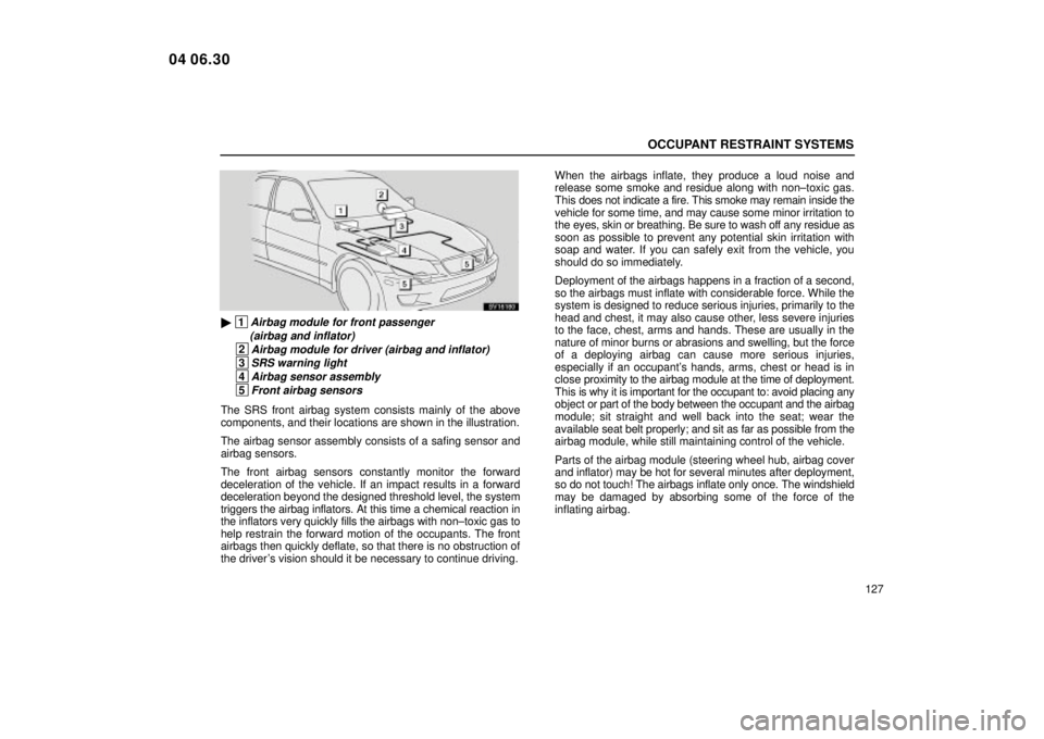 Lexus IS300 2005  Electrical Components / LEXUS 2005 IS300 OWNERS MANUAL (OM53489U) OCCUPANT RESTRAINT SYSTEMS
127
SV16180
 1Airbag module for front passenger (airbag and inflator)
 2Airbag module for driver (airbag and inflator)
 3SRS warning light
 4Airbag sensor assembly
 5Front 