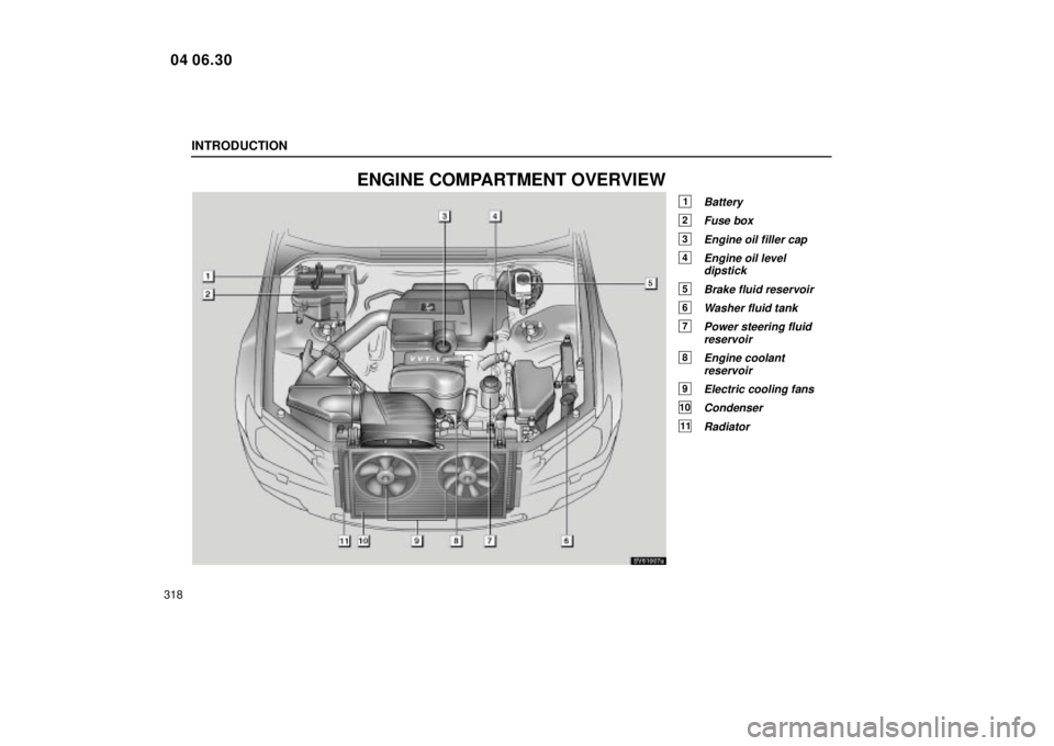 Lexus IS300 2005  Electrical Components / LEXUS 2005 IS300 OWNERS MANUAL (OM53489U) INTRODUCTION
318
ENGINE COMPARTMENT OVERVIEW
1Battery
2Fuse box
3Engine oil filler cap
4Engine oil leveldipstick
5Brake fluid reservoir
6Washer fluid tank
7Power steering fluidreservoir
8Engine coolan