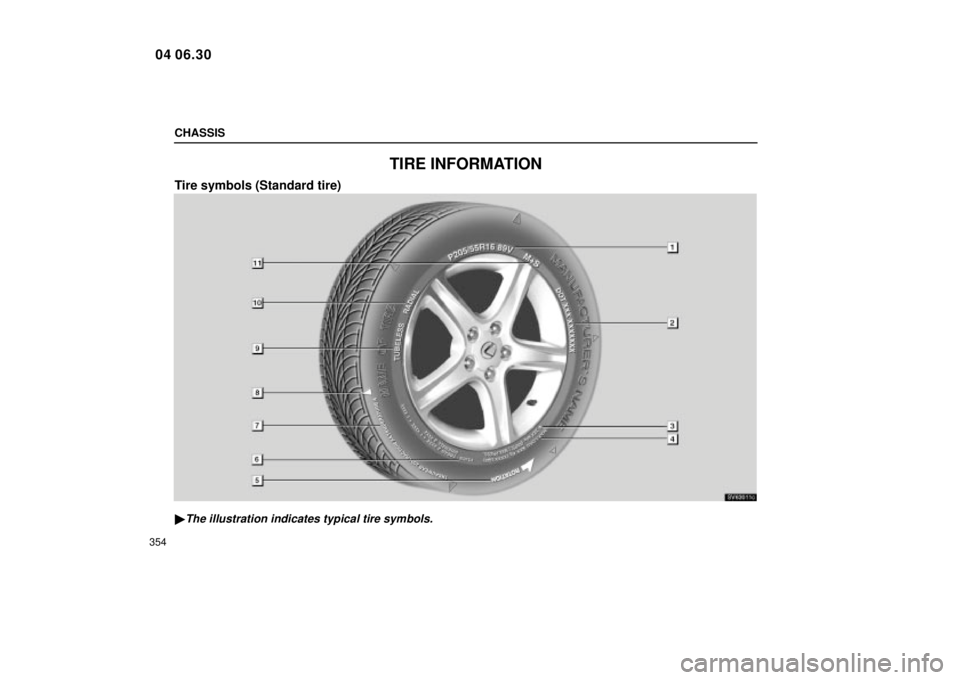 Lexus IS300 2005  Electrical Components / LEXUS 2005 IS300 OWNERS MANUAL (OM53489U) CHASSIS
354
TIRE INFORMATION
Tire symbols (Standard tire)
SV63011c
The illustration indicates typical tire symbols.
04 06.30 
