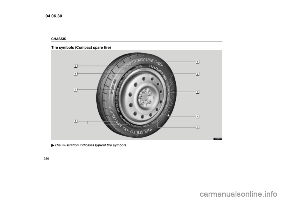 Lexus IS300 2005  Electrical Components / LEXUS 2005 IS300 OWNERS MANUAL (OM53489U) CHASSIS
356
Tire symbols (Compact spare tire)
SV63017
The illustration indicates typical tire symbols.
04 06.30 