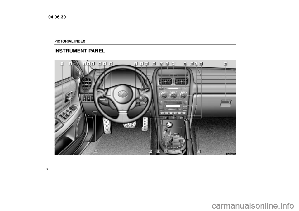 Lexus IS300 2005  Electrical Components / LEXUS 2005 IS300 OWNERS MANUAL (OM53489U) SVPC023a
PICTORIAL INDEX
x
INSTRUMENT PANEL
04 06.30 