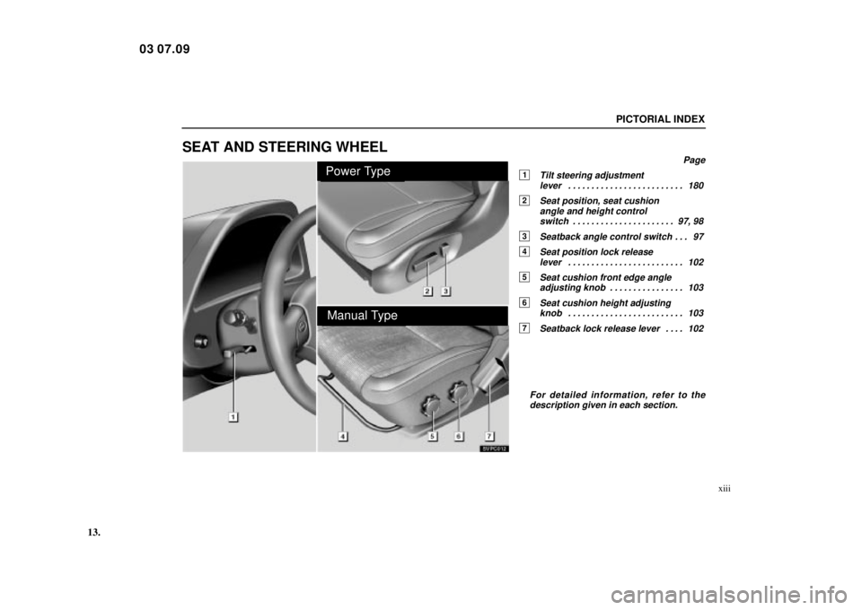 Lexus IS300 2004  Electrical Components / LEXUS 2004 IS300 OWNERS MANUAL (OM53461U) 13.
SVPC012
Power Type
Manual Type
PICTORIAL INDEX
xiii
SEAT AND STEERING WHEEL
Page
1Tilt steering adjustmentlever 180 . . . . . . . . . . . . . . . . . . . . . . . . . 
2Seat position, seat cushion 