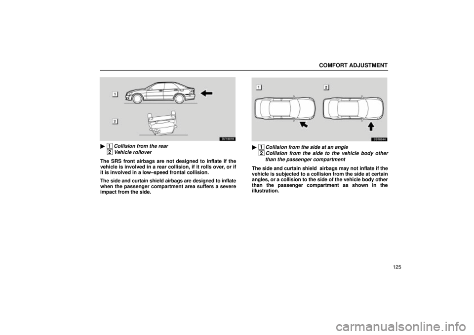 Lexus IS300 2002  Electrical Components / LEXUS 2002 IS300 WAGON OWNERS MANUAL (OM53423U) COMFORT ADJUSTMENT
125
SV16019
 1Collision from the rear
 2Vehicle rollover
The SRS front airbags are not designed to inflate if the
vehicle is involved in a rear collision, if it rolls over, or if
i