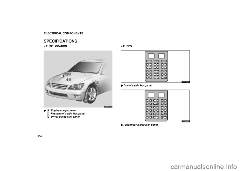 Lexus IS300 2002  Electrical Components / LEXUS 2002 IS300 WAGON OWNERS MANUAL (OM53423U) ELECTRICAL COMPONENTS
334
SPECIFICATIONS
± FUSE LOCATION
SV64029
 1Engine compartment
 2Passengers side kick panel
 3Drivers side kick panel
± FUSES
SV64022
Drivers side kick panel
SV64023
Pas