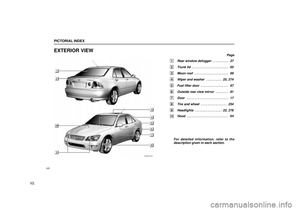 Lexus IS300 2002  Electrical Components / LEXUS 2002 IS300 SEDAN OWNERS MANUAL (OM9997X) 12.
SVPC013
PICTORIAL INDEX
xii
EXTERIOR VIEW
Page
1 Rear window defogger27
. . . . . . . . . . 
2 Trunk lid 65
. . . . . . . . . . . . . . . . . . . . . . . 
3 Moon roof 69
. . . . . . . . . . . . . 
