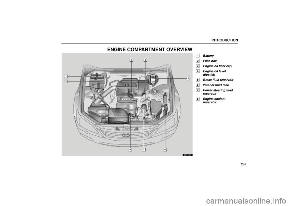 Lexus IS300 2002  Gauges, Meters And Service Reminder Indicators / LEXUS 2002 IS300 WAGON OWNERS MANUAL (OM53423U) INTRODUCTION
297
ENGINE COMPARTMENT OVERVIEW
1Battery
2Fuse box
3Engine oil filler cap
4Engine oil leveldipstick
5Brake fluid reservoir
6Washer fluid tank
7Power steering fluidreservoir
8Engine coolan