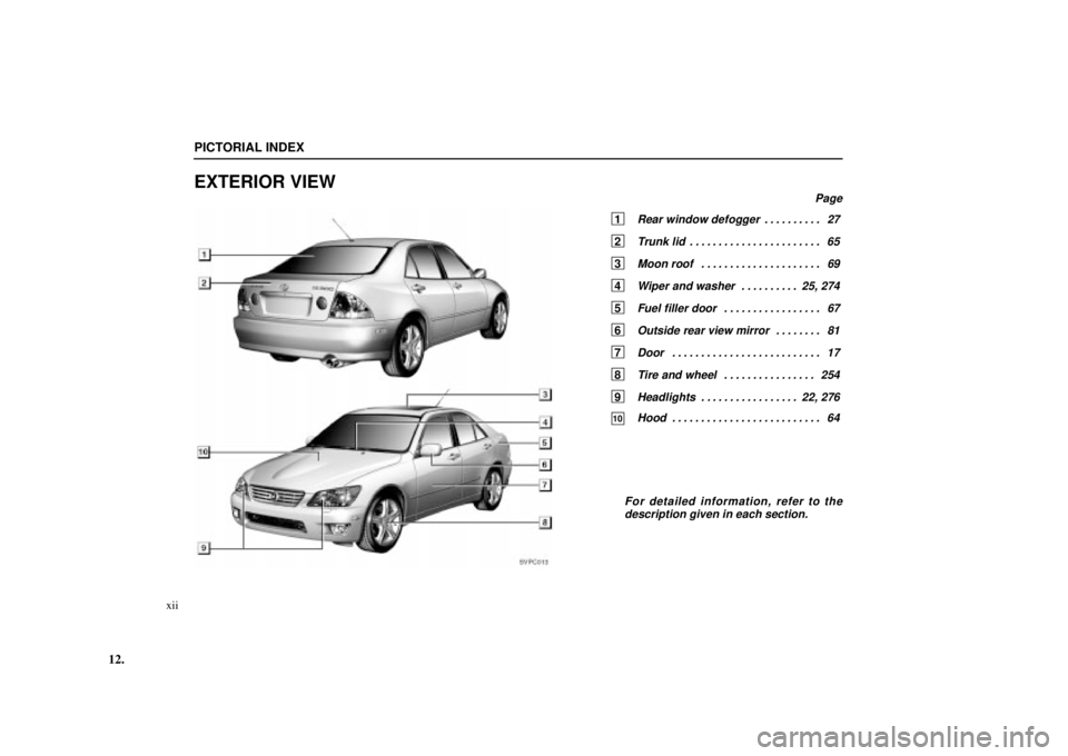Lexus IS300 2002  Pictorial Index / LEXUS 2002 IS300 SEDAN  (OM9997X) User Guide 12.
SVPC013
PICTORIAL INDEX
xii
EXTERIOR VIEW
Page
1 Rear window defogger27
. . . . . . . . . . 
2 Trunk lid 65
. . . . . . . . . . . . . . . . . . . . . . . 
3 Moon roof 69
. . . . . . . . . . . . . 