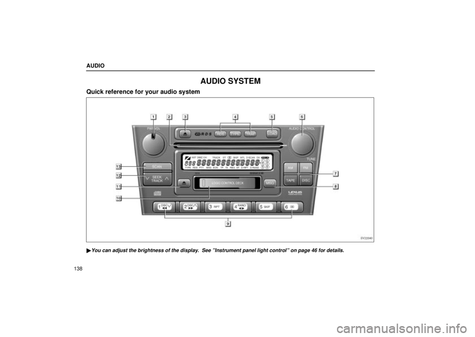 Lexus IS300 2002  Pictorial Index / LEXUS 2002 IS300 SEDAN OWNERS MANUAL (OM9997X) AUDIO
138
AUDIO SYSTEM
Quick reference for your audio system
SV22040
You can adjust the brightness of the display.  See ºInstrument panel light controlº on page 46 for details. 